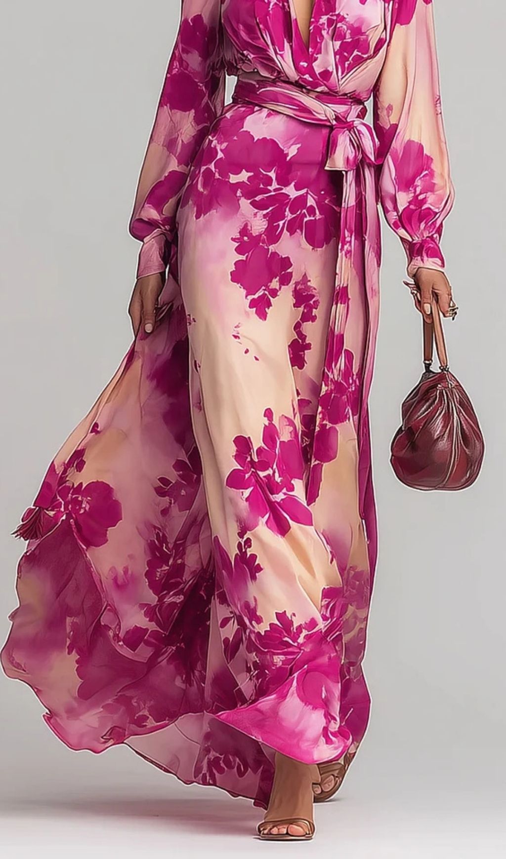 23c0668f563bbe715c4854a5592a8a07.jpg Fashionslee Women Rose Red Floral V-neck Belted Maxi Dress