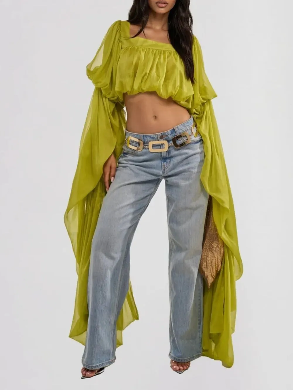 Jorvik Cape Sleeve Crop Top In Chartreuse - OWNCI