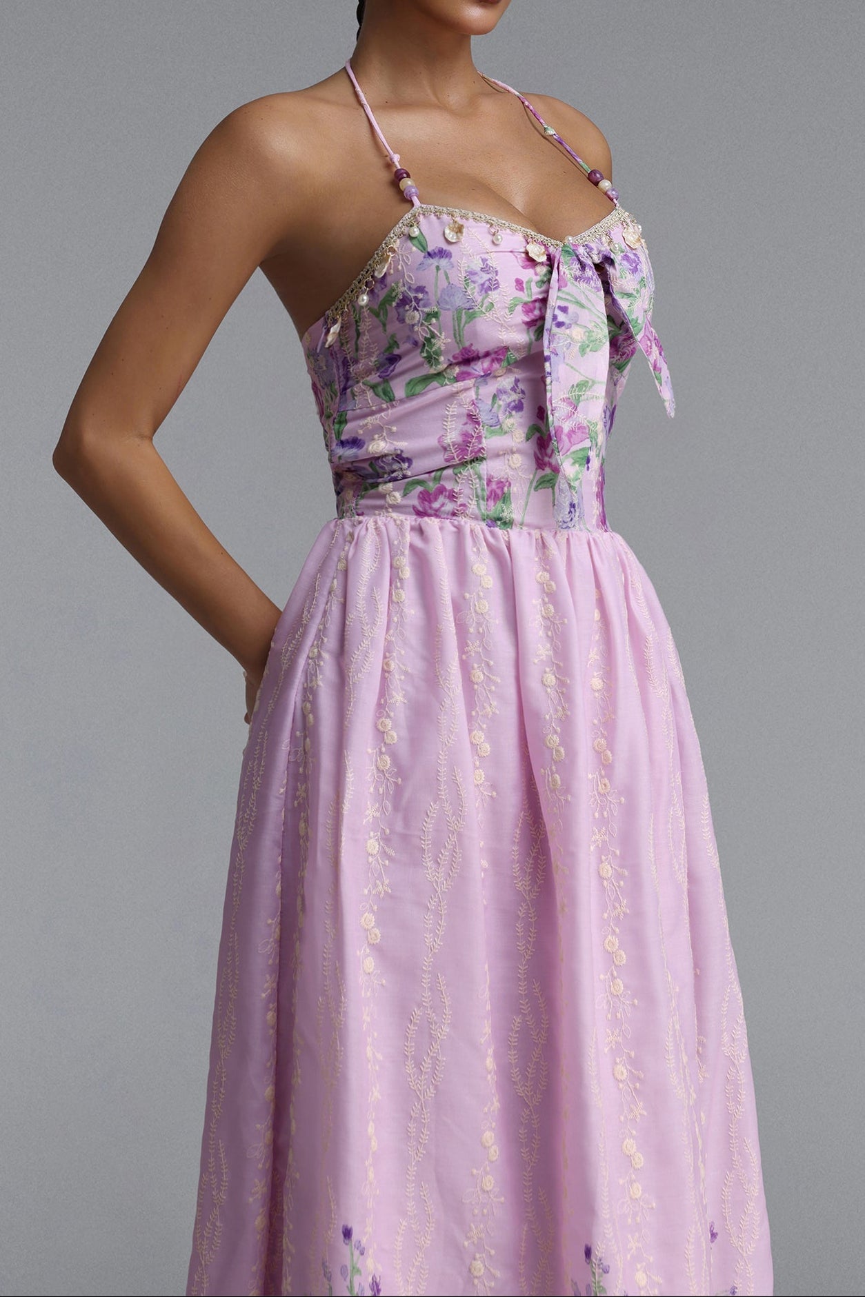 23f0ba7edadcf270061ad2e1dbc8b2a3 Halter Spaghetti Strap Bow Front Floral Embroidery Midi Dress