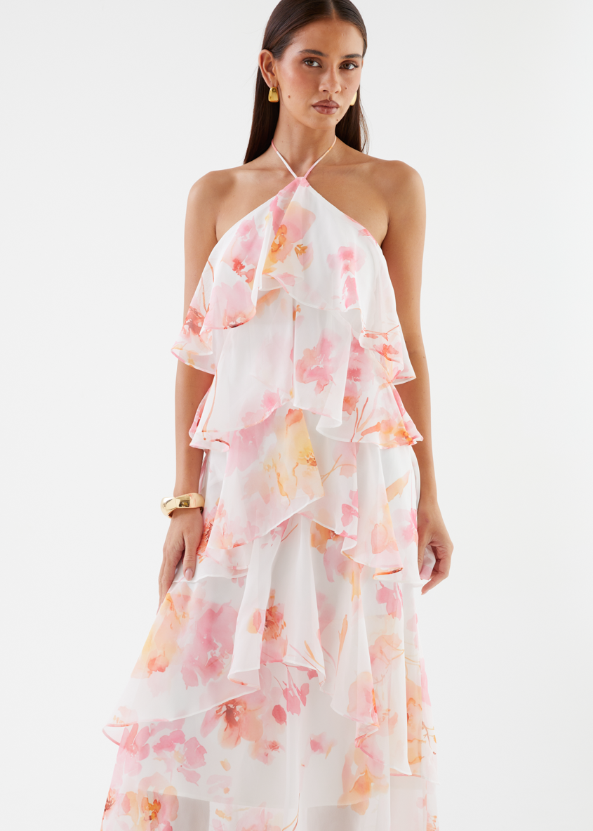 Floral Print Layerhalter Maxi Dress - Pink Floral