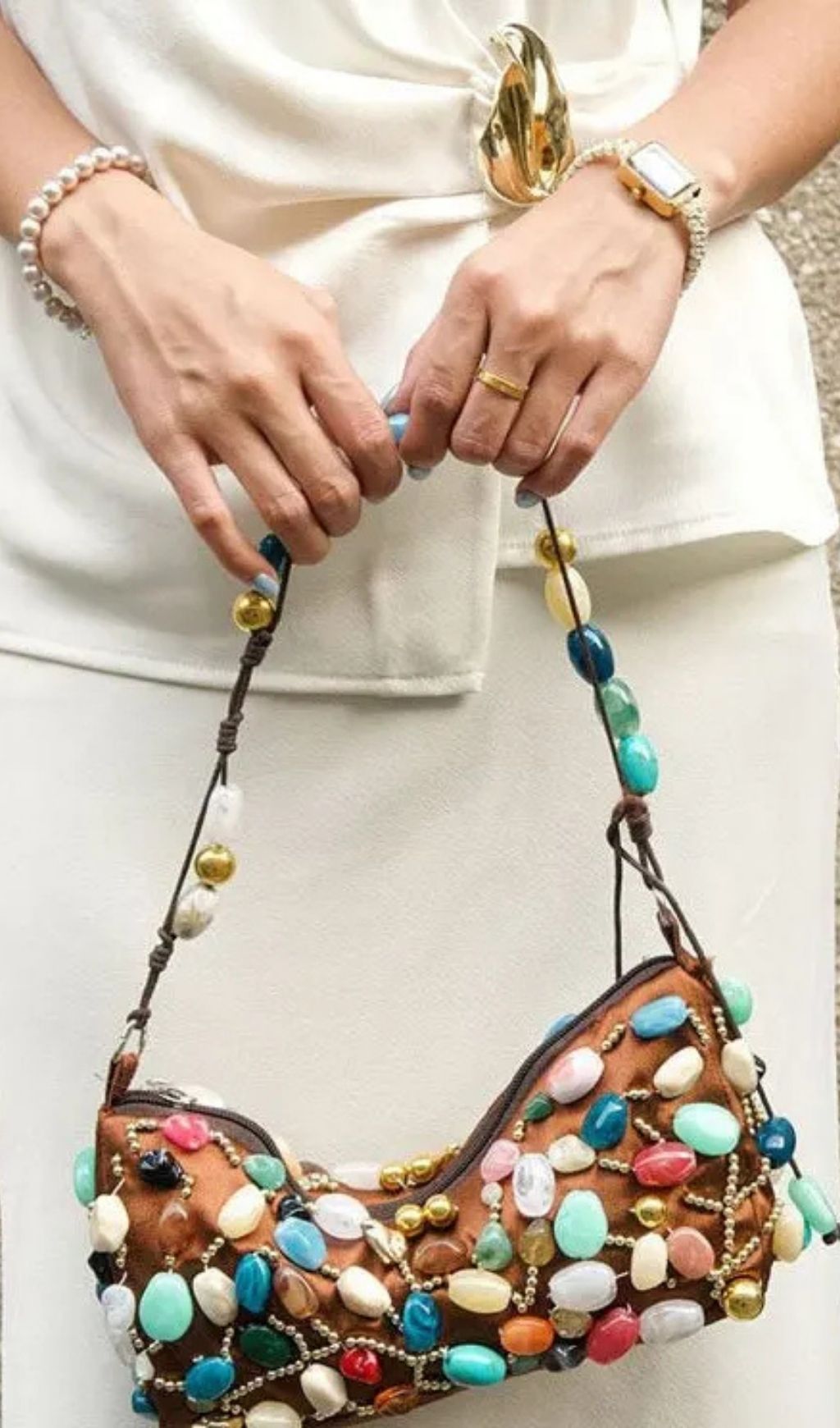 Beaded Crescent Shoulder Bag With Colorful Stone Embellishments - OWNCI Beaded Crescent Shoulder Bag With Colorful Stone Embellishments - OWNCI