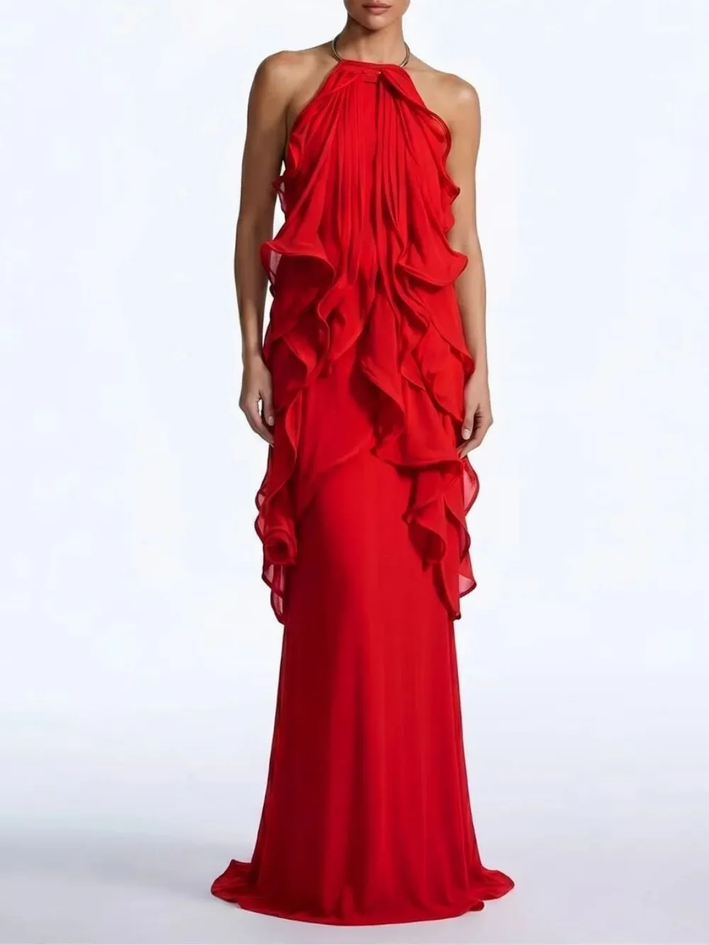 Fashionslee Women Kaelum Backless Ruffle Maxi Dress In Red