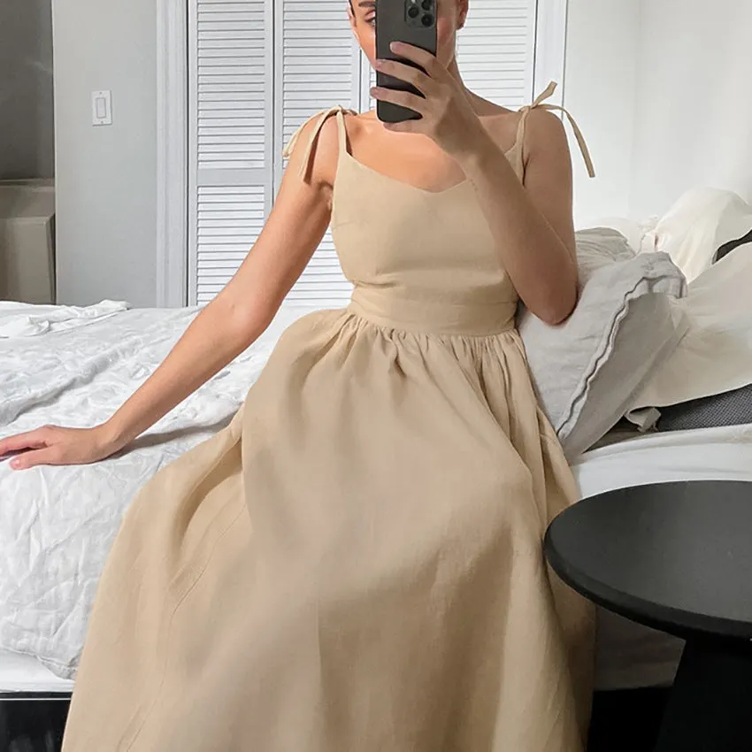 Cotton Linen Backless Strap Midi Dress