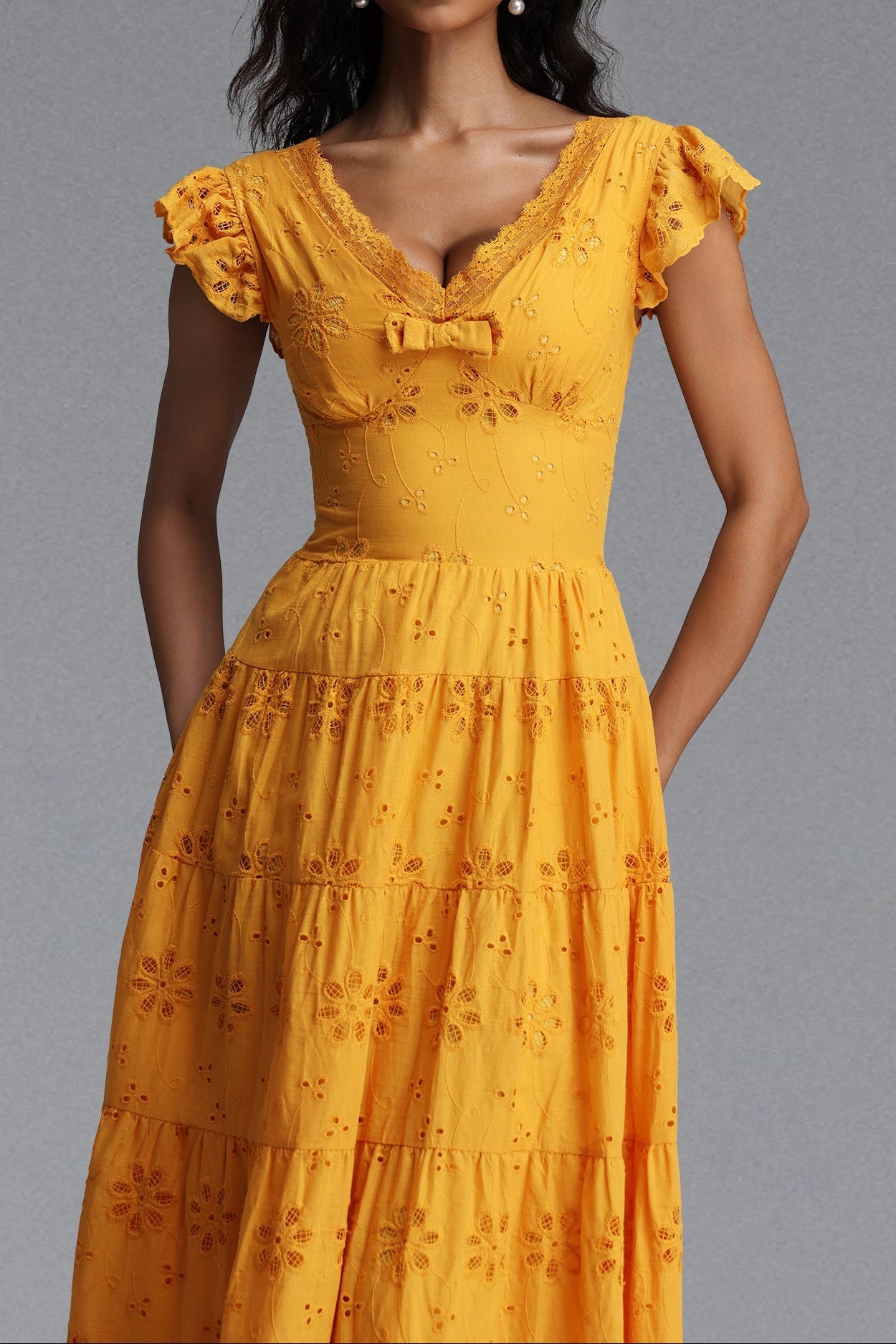 24d0297bba417038c54f1295b3043cee Scallop V-Neck Ruffle Sleeve Eyelet Tiered Midi Dress