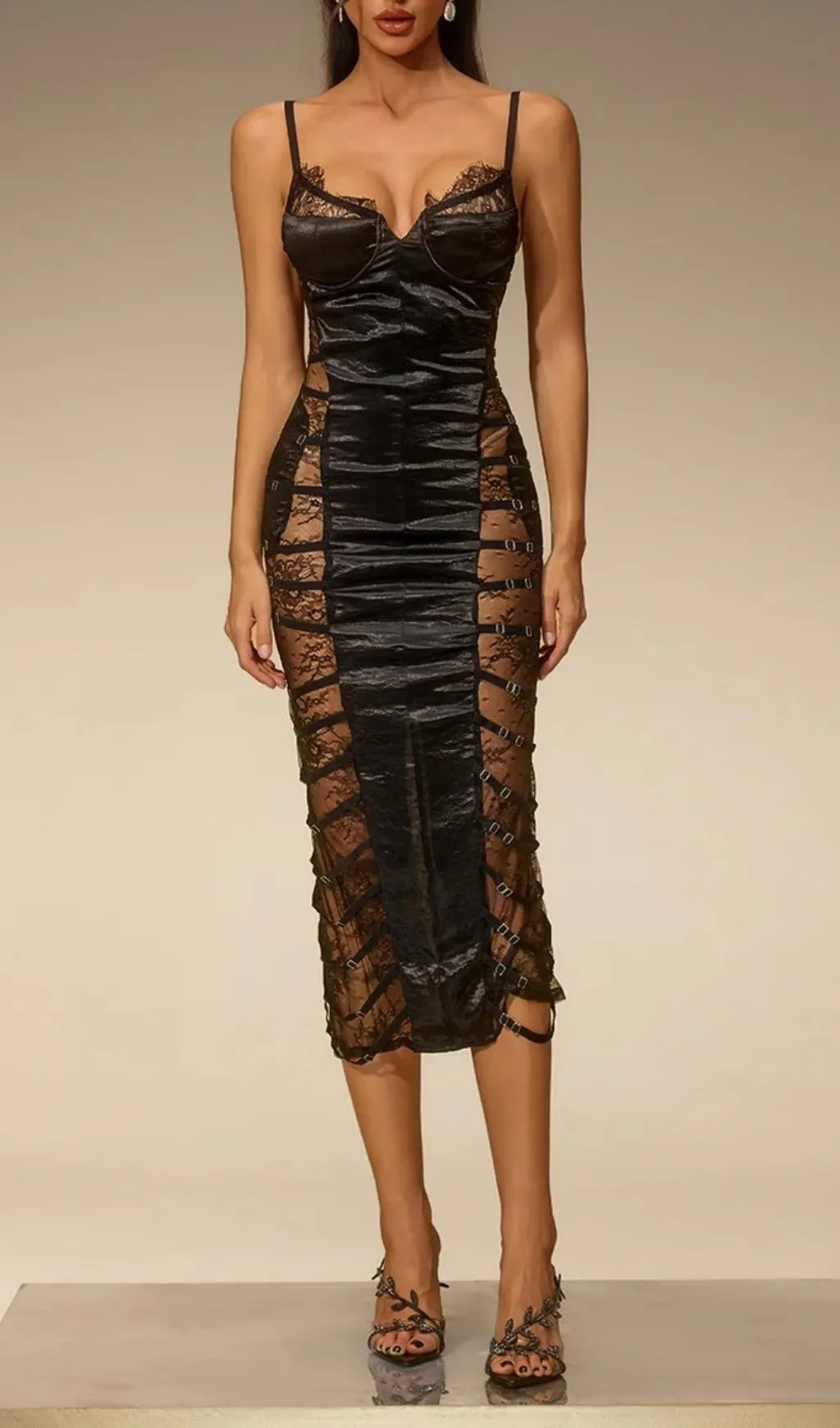Fashionslee Women Evalyse Spaghetti Lace Bodycon Midi Dress