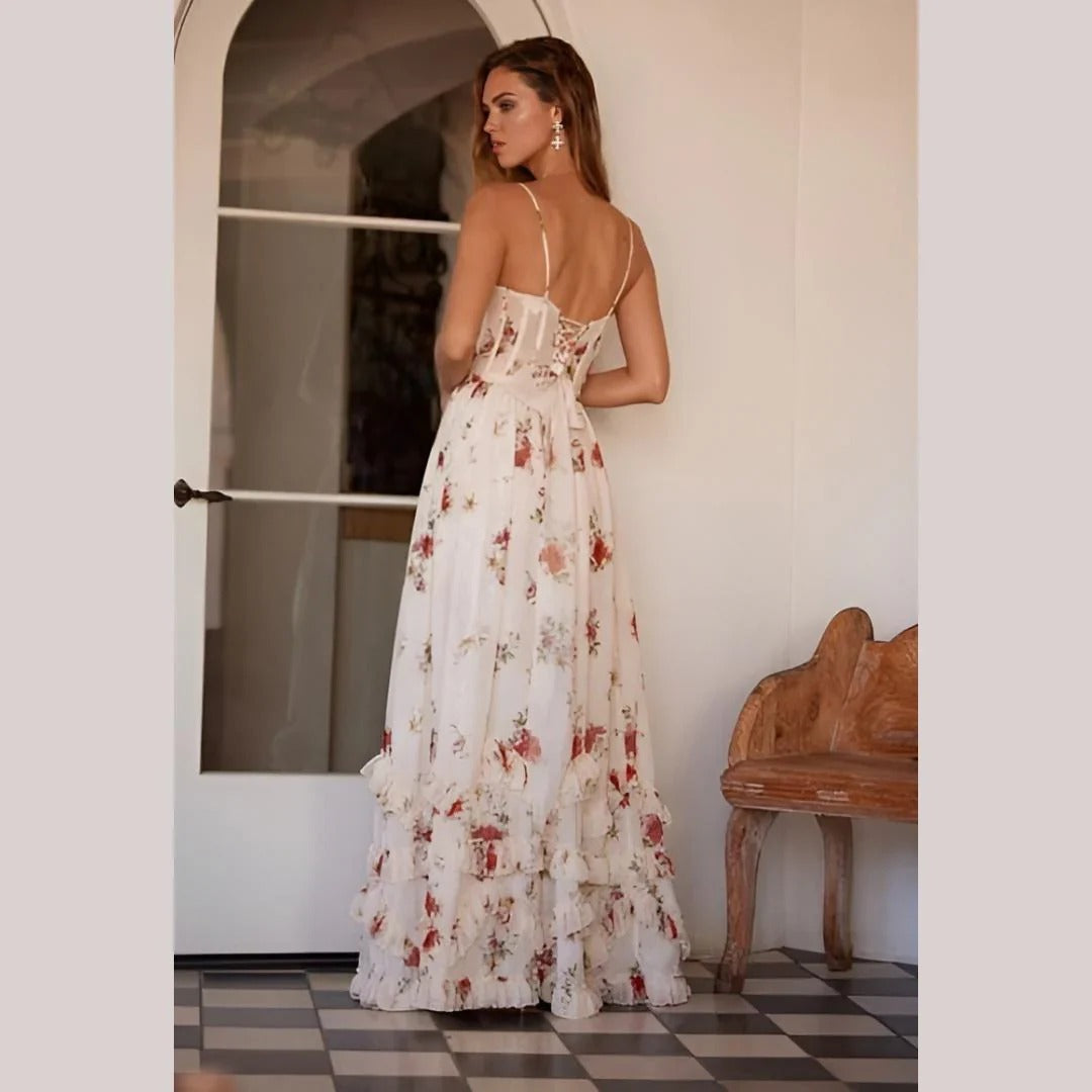 V-Neck Floral Print High Slit Maxi Dress – Apricot - OWNCI V-Neck Floral Print High Slit Maxi Dress – Apricot - OWNCI