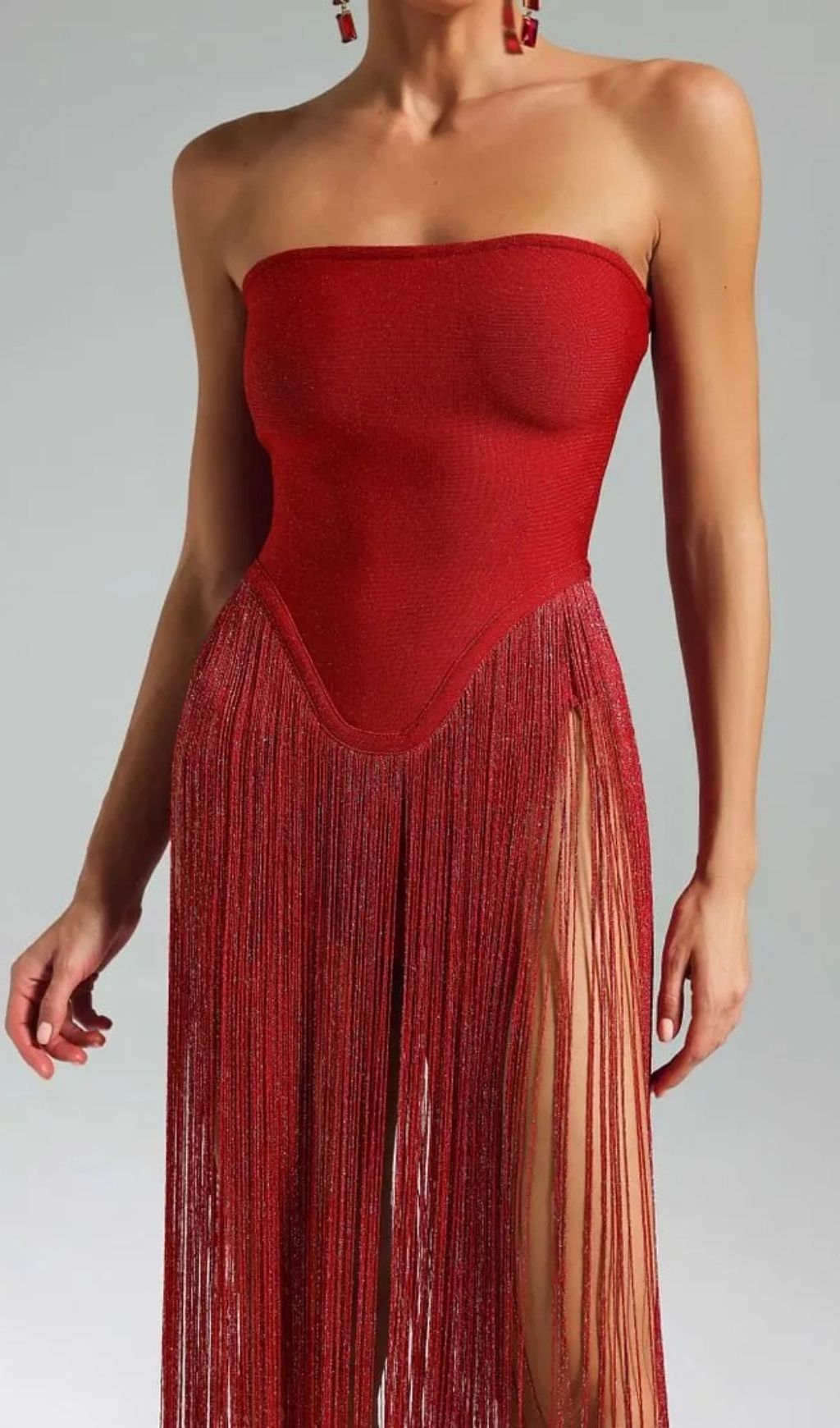 Helen Bodysuit Fringe Strapless Mini Dress In Red