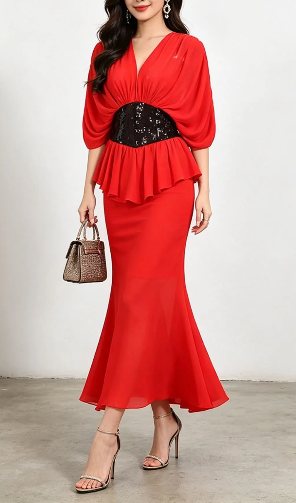 Yvette v-Neck Fishtail Bodycon Maxi Dress - Red