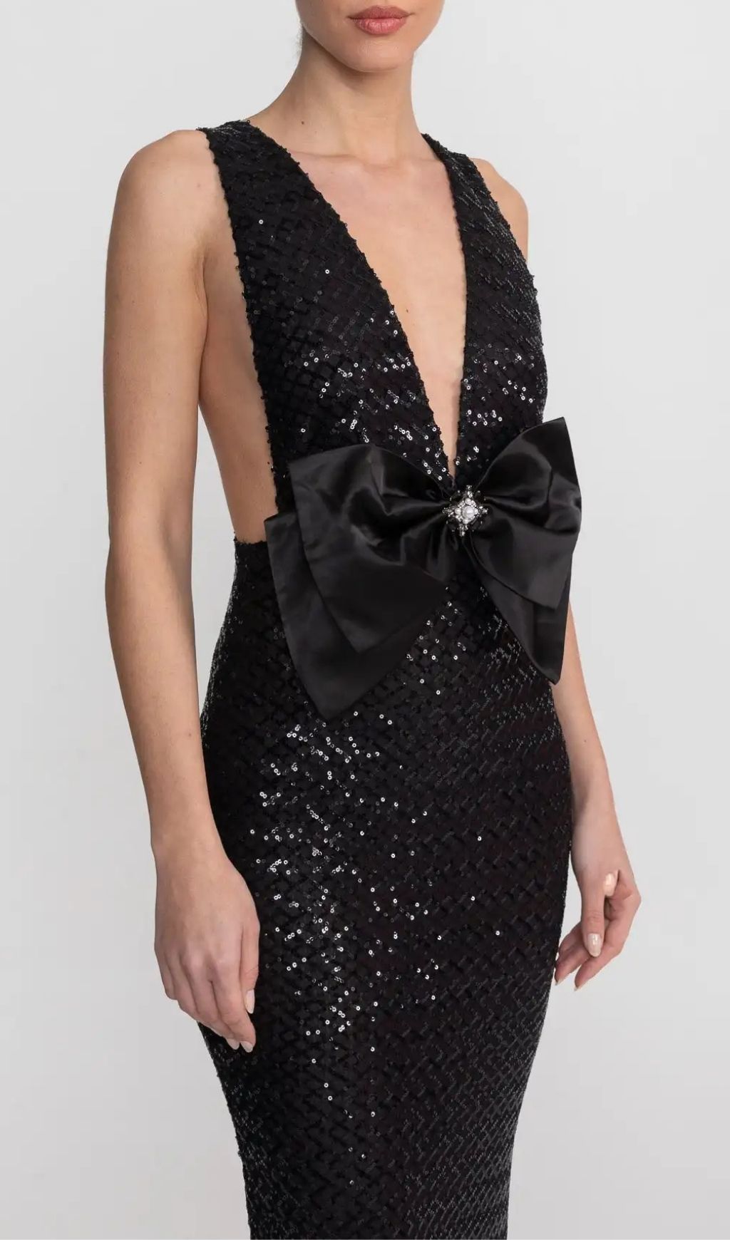 25f1d6066ba75e2d025983ef59da2a1f Sequin Maxi Dress With Satin Bow Detail - Black
