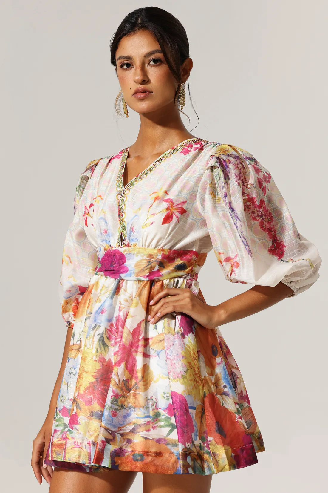 Xanthe V-Neck Floral Billow Sleeve Mini Dress