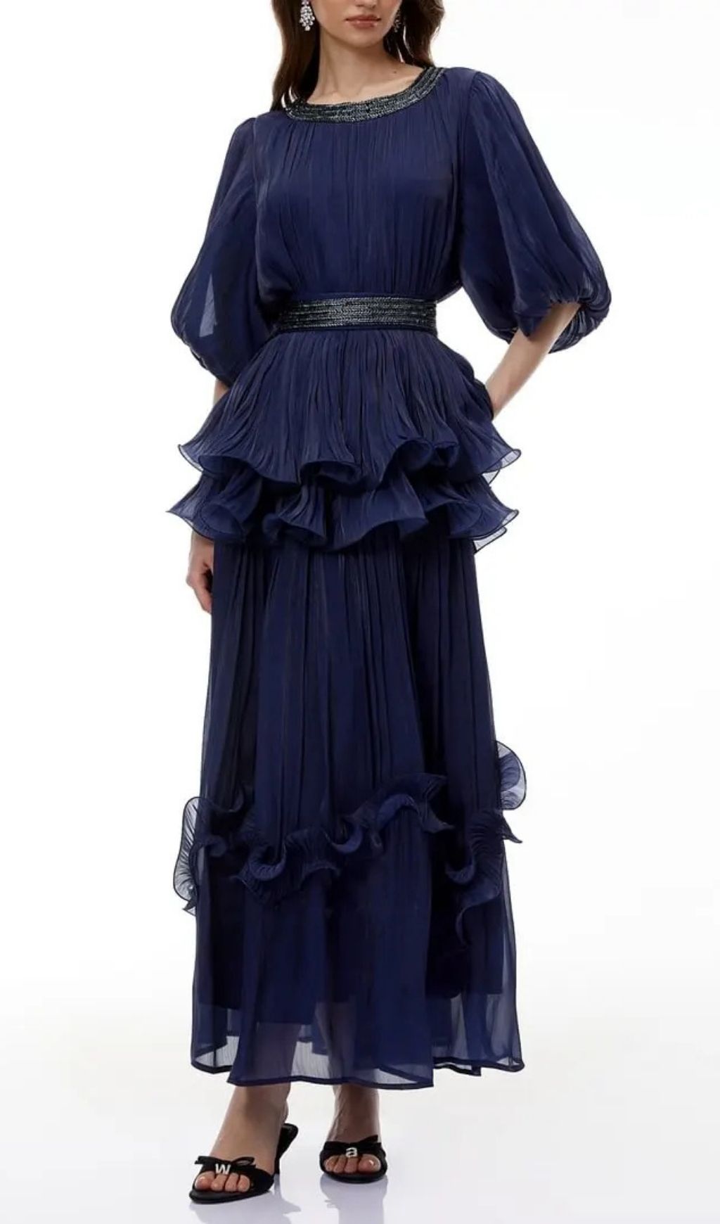 261a27f1edda7d7e86fccbe4883d044b Lorraine Navy Blue Embellished Pleated Maxi Dress