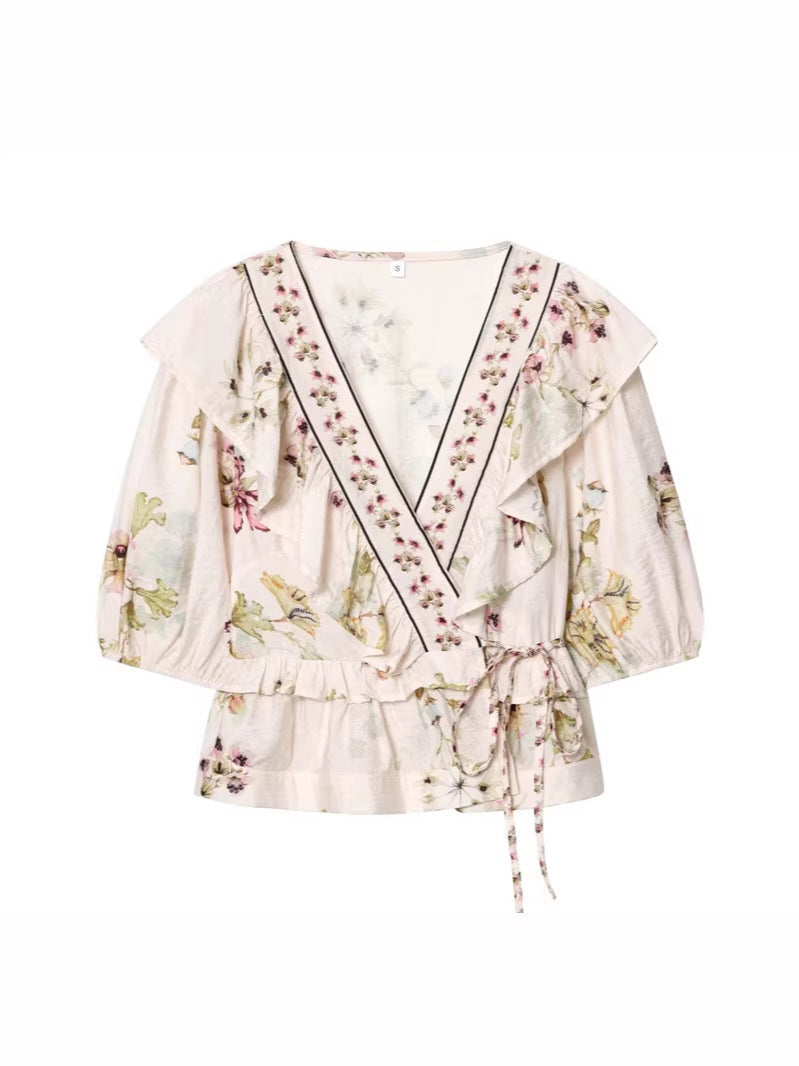 V-Neck Linen Blend Floral Shirt