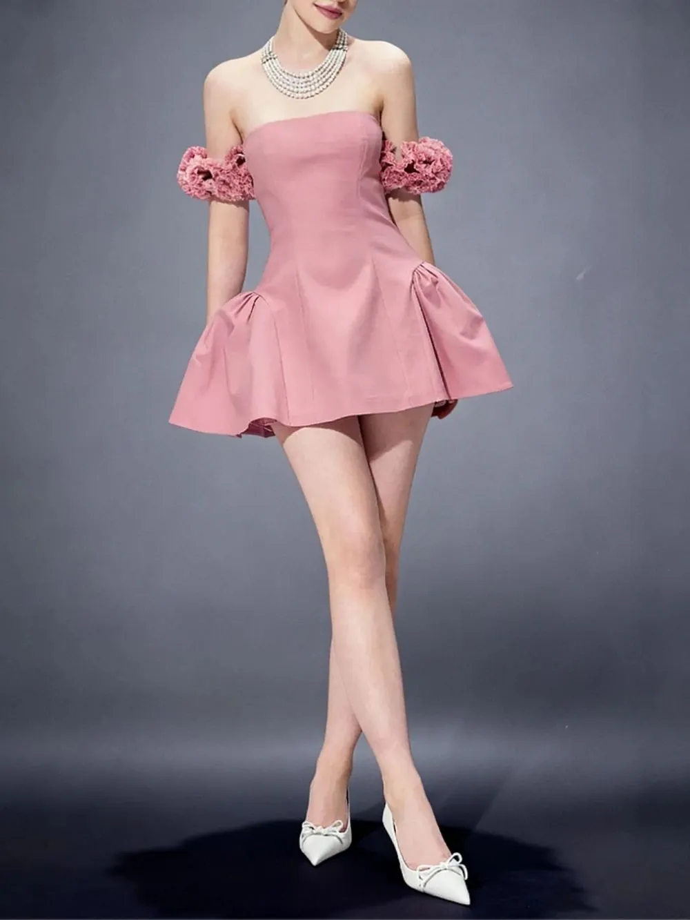 Sherry Flower Strapless Puffy Mini Dress In Pink