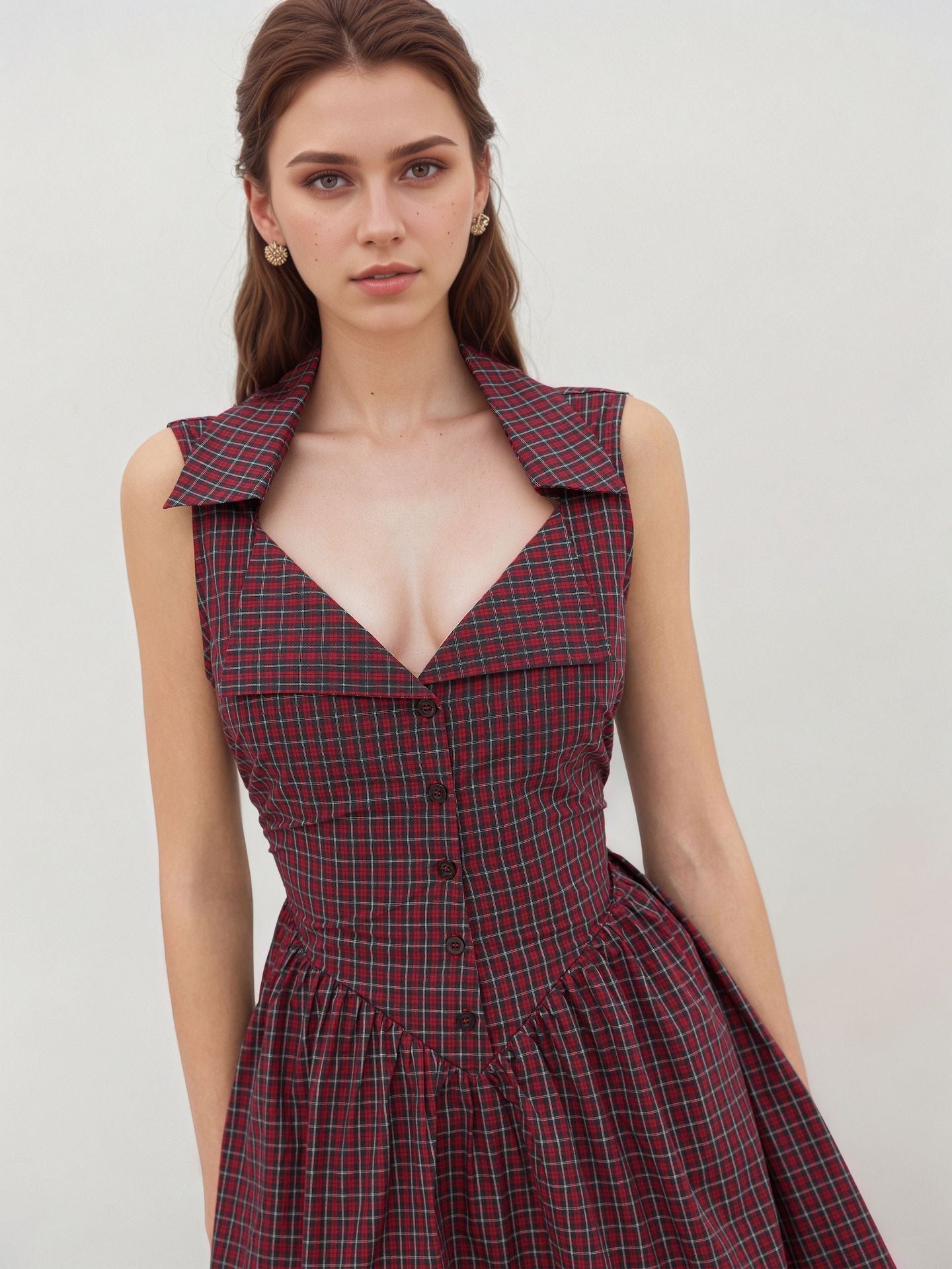 26cca9fb115f2b2efd38571919154a07 Red Plaid Sleeveless Lapel V Neck Button Front Fit And Flare Mini Dress Summer Retro Dress