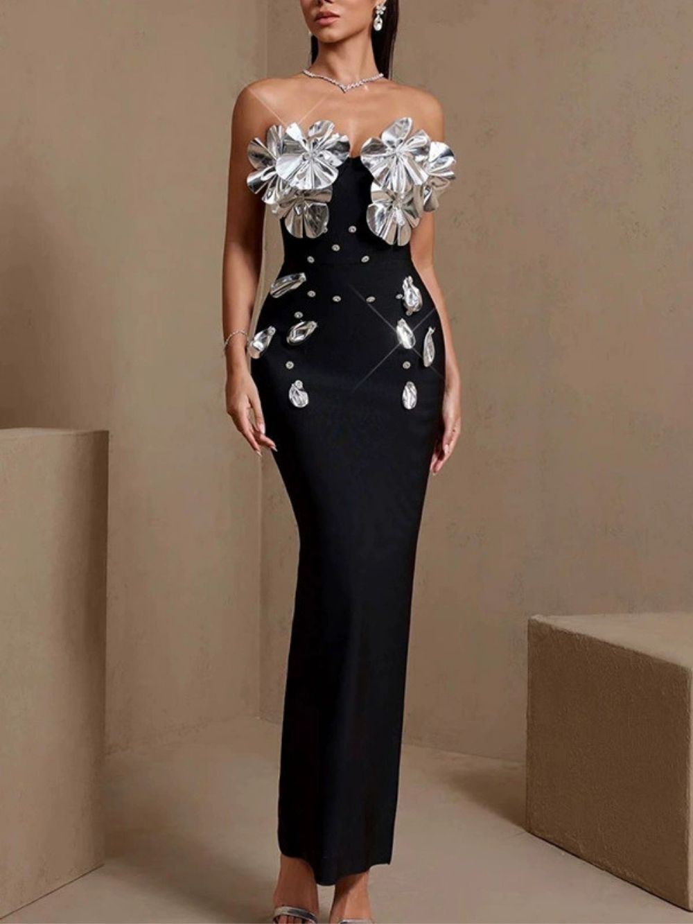 27103c616c4fa00f22a54e571934d8dd Mahala Black Strapless Embellished Maxi Dress