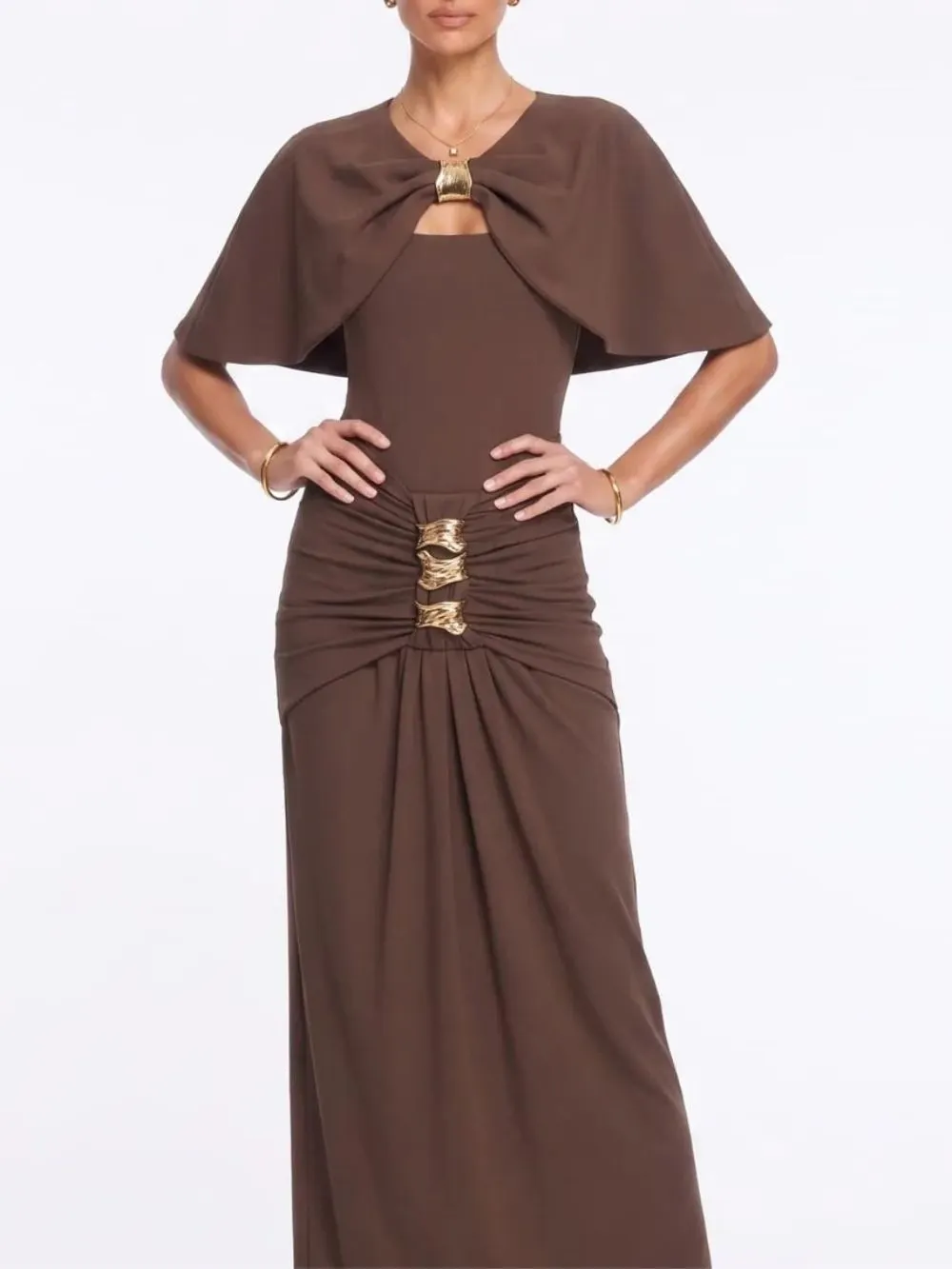 Lyvoria Cape Ruched Maxi Dress - OWNCI