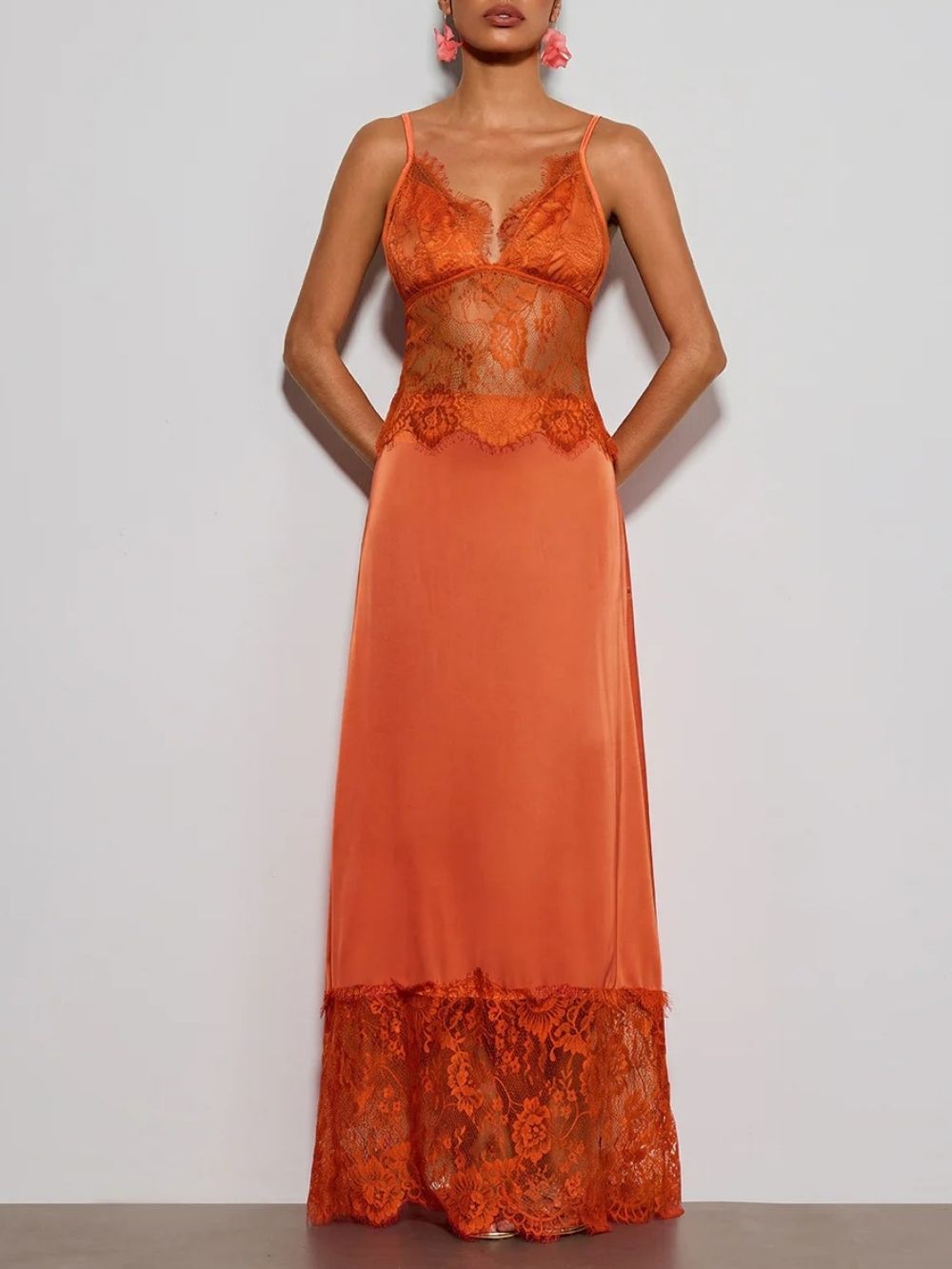 2794cdcc044328f9ff2705bf2399d3e4 Erastes Spaghetti Lace Maxi Dress In Orange