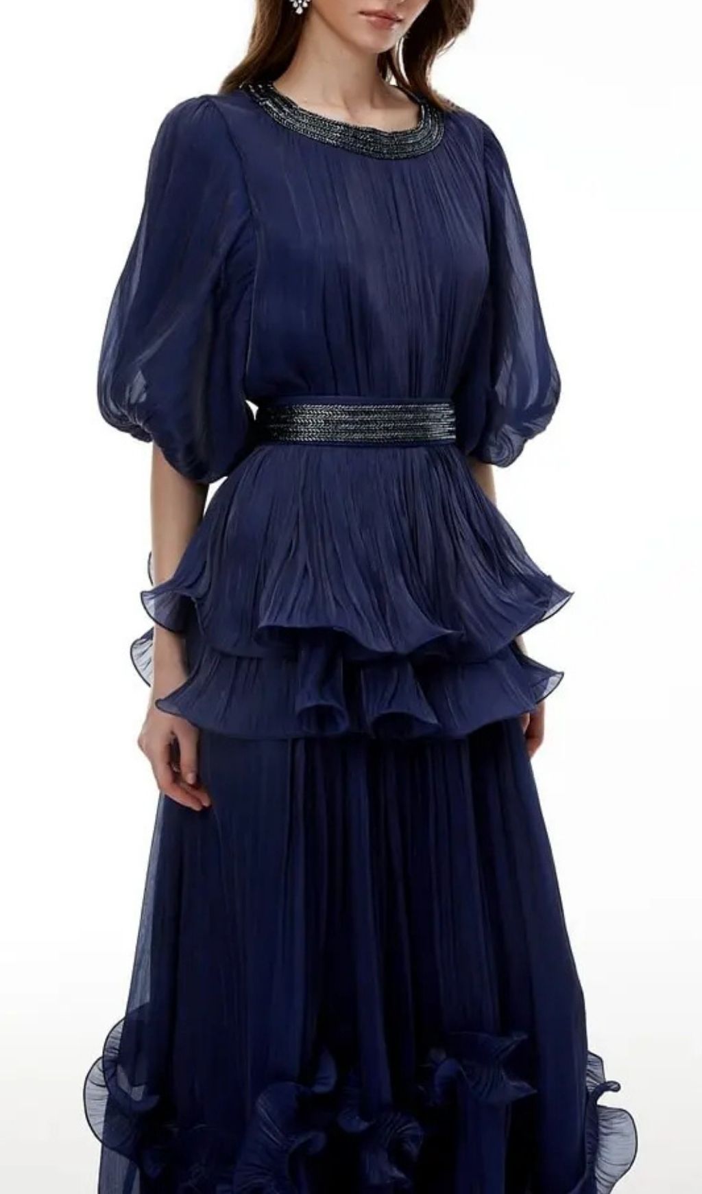 27b33263f804c314d393ffa564d4d97c Lorraine Navy Blue Embellished Pleated Maxi Dress