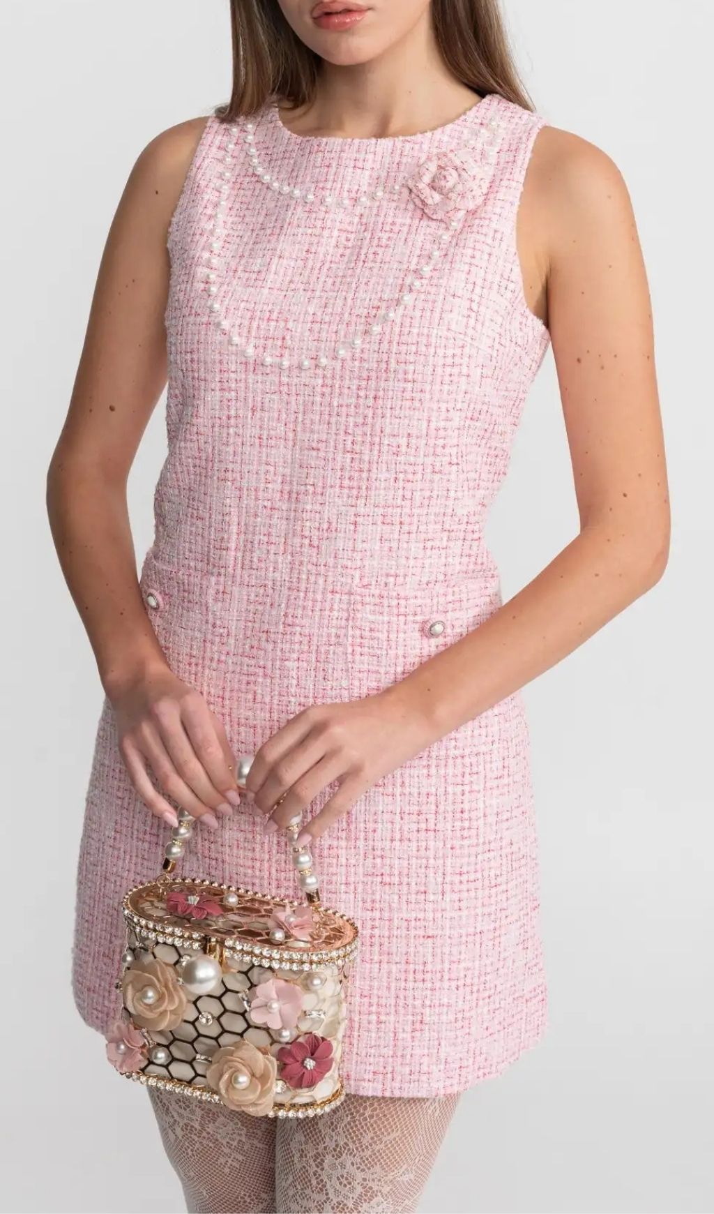 280bc90075b865ad0cd0485d7b30a99f Laurel Pink Flower Sleeveless Tweed Mini Dress With Pearl Trim