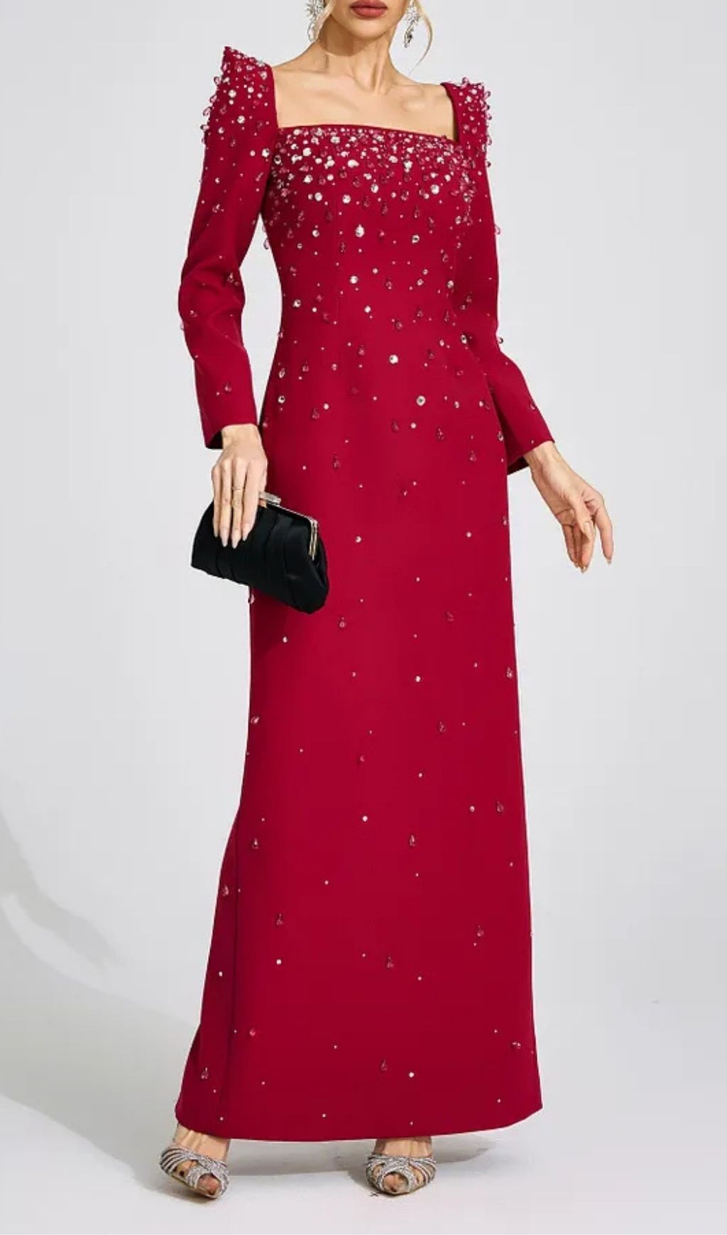 Lynn Square Neck Beaded Rhinestone Maxi Dress - Burgundy