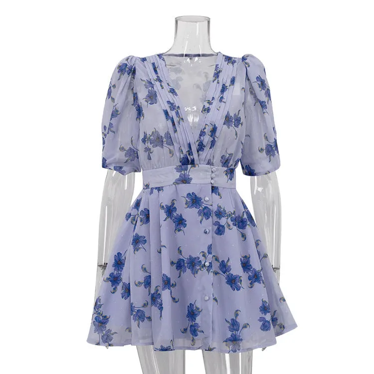 V-Neck Puff Sleeve Pleated Mini Dress – Blue - OWNCI