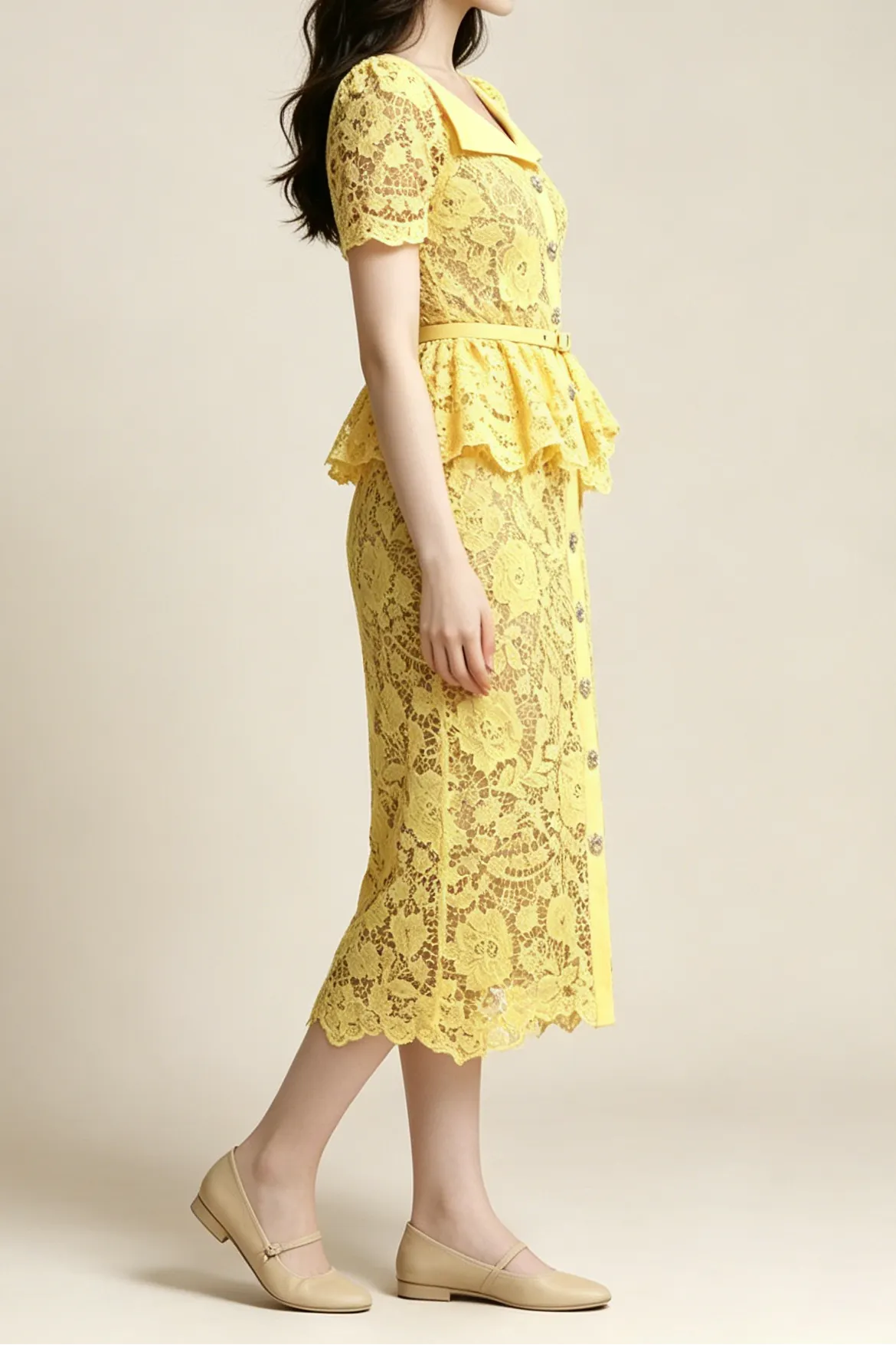 Lemon Yellow Floral Lace Peplum Midi Dress with Lapel Collar & Crystal Buttons