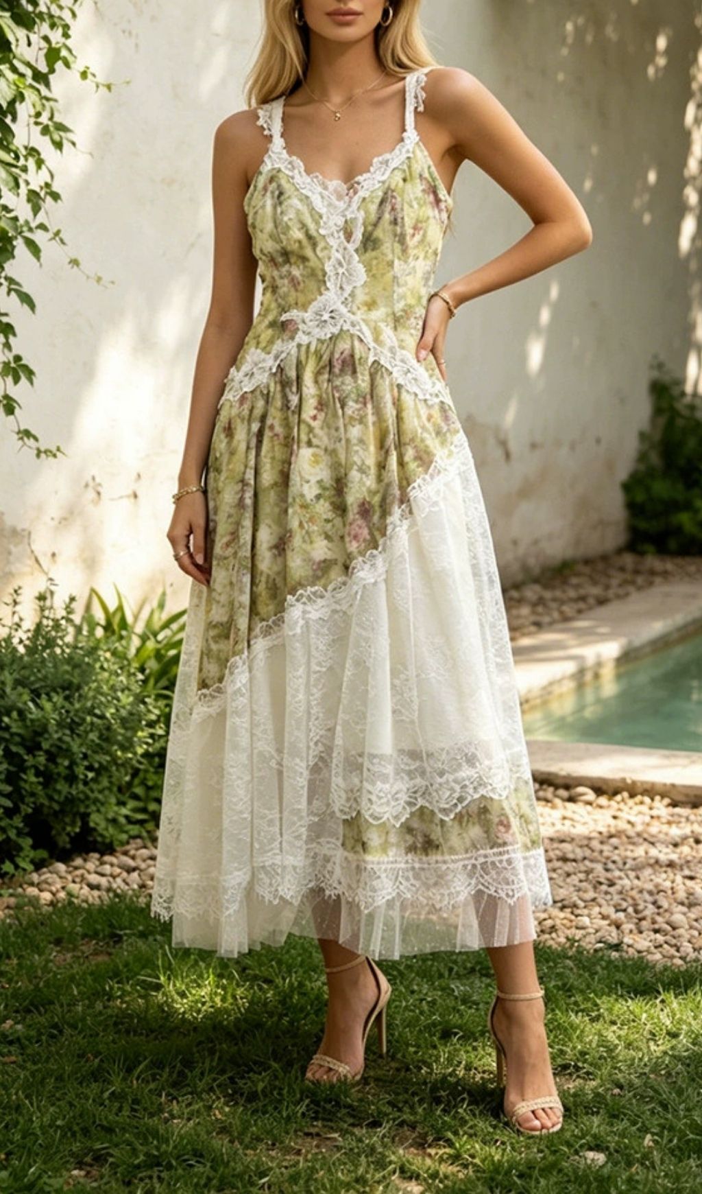 Fashionslee Women Madison Green Strappy Floral Lace Midi Dress
