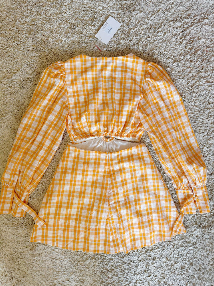 Orange Plaid V-Neck Long-Sleeve Cotton Dress