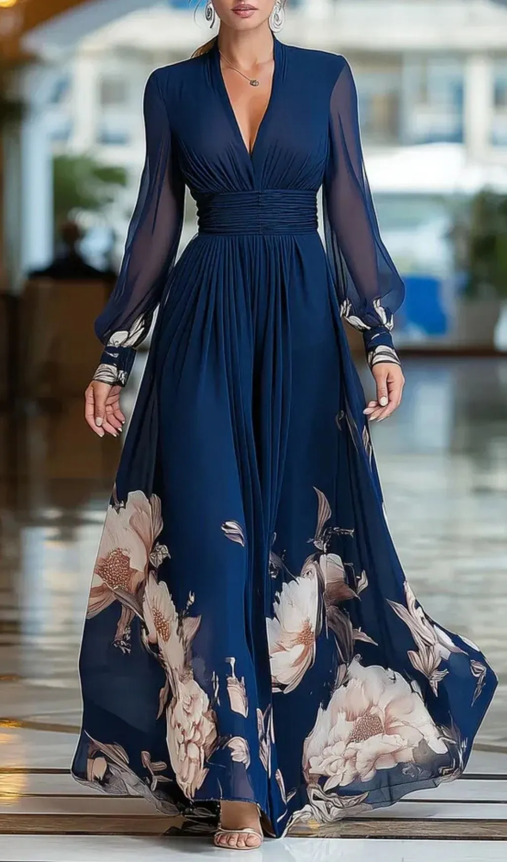 Fashionslee Women Navy Blue V-neck Tulle Sleeve Pleated Floral Maxi Dress