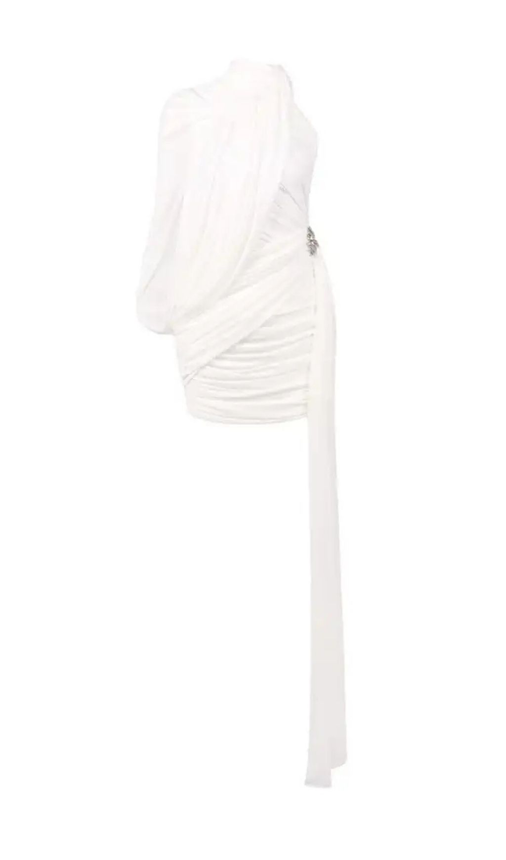 2a1fa0777422982ee9a30fef3e4070c4 Off-Shoulder Single-Sleeve Pleated Bodycon Ribbon Mini Dress - White