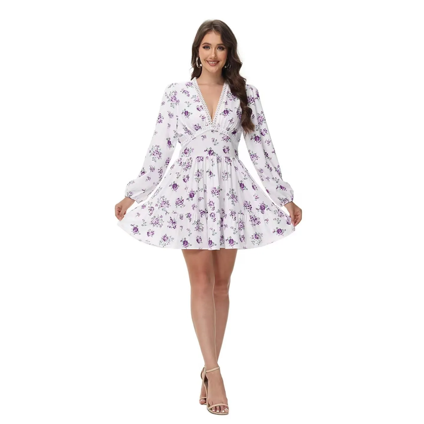 Printed V-Neck Puff Sleeve Lace Mini Dress - OWNCI Printed V-Neck Puff Sleeve Lace Mini Dress - OWNCI