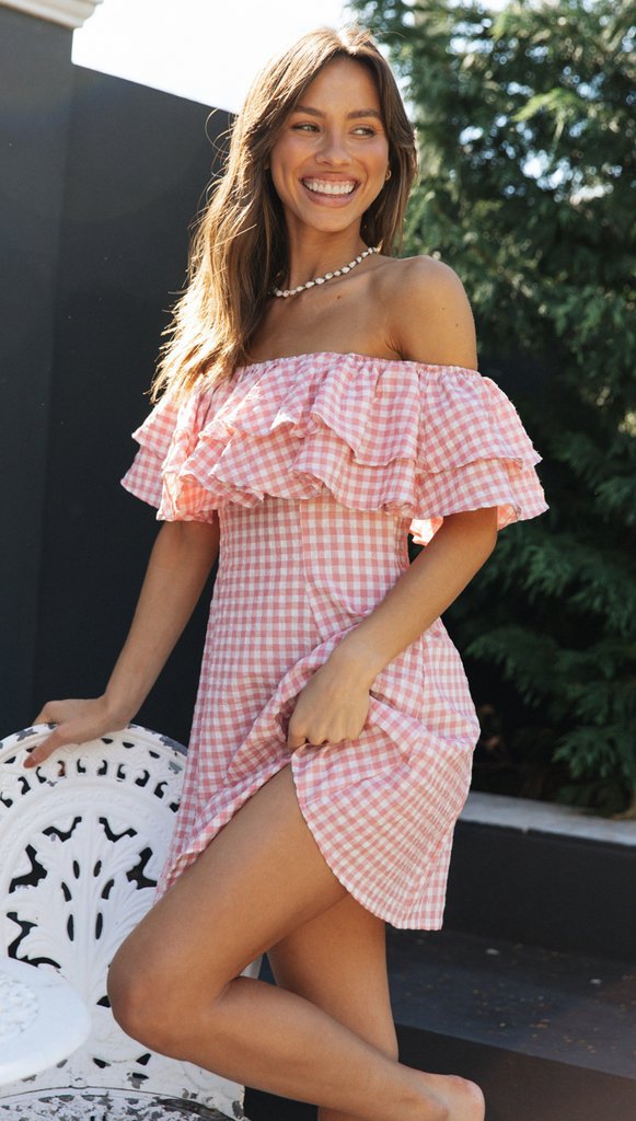 2a4d6889f510b8e345bfce0e7640874d Off Shoulder Ruffle Plaid Mini Dress - Pink