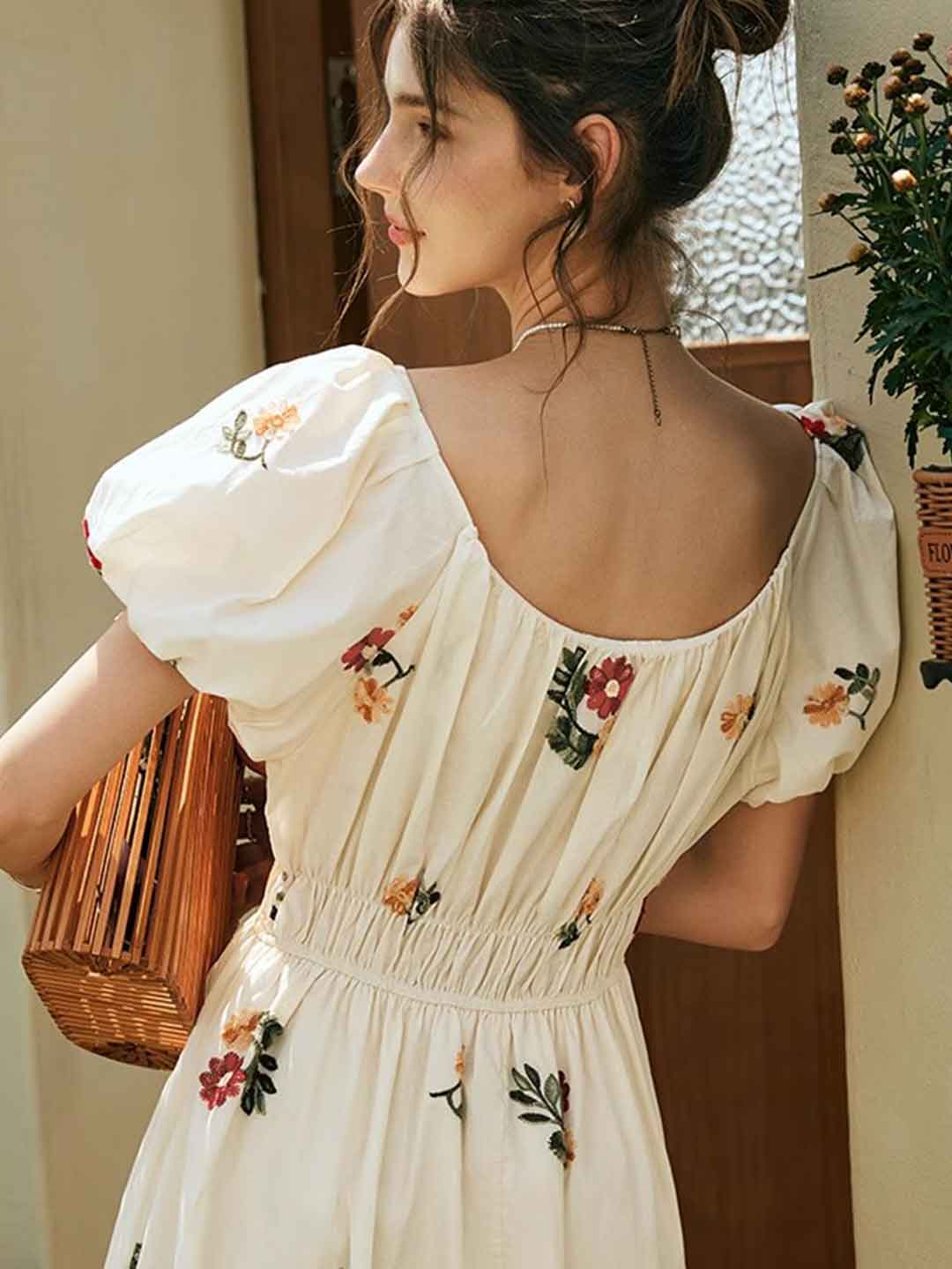 Rosalind Retro Embroidered Puff Sleeve Dress - OWNCI Rosalind Retro Embroidered Puff Sleeve Dress - OWNCI