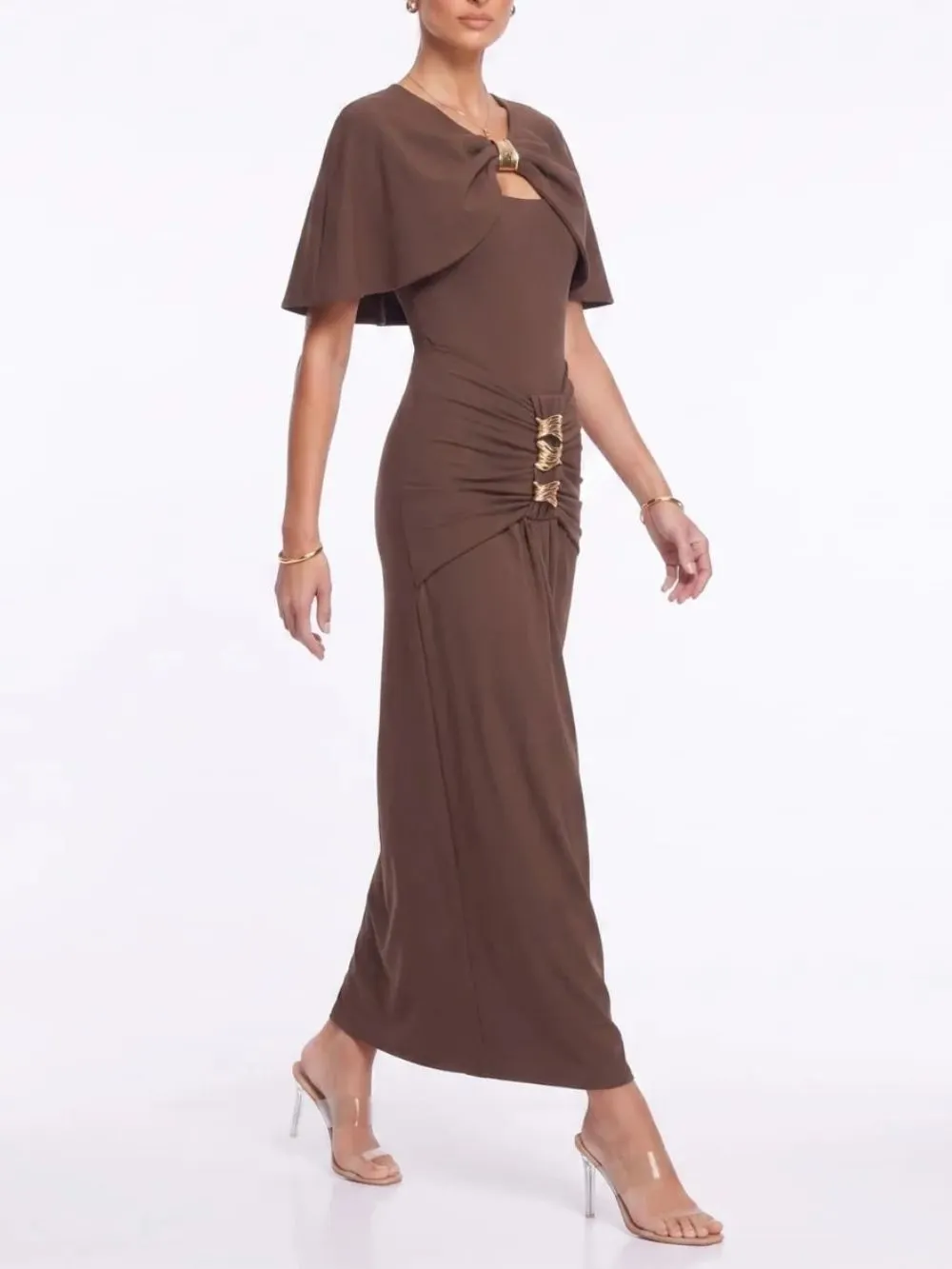 Lyvoria Cape Ruched Maxi Dress - OWNCI