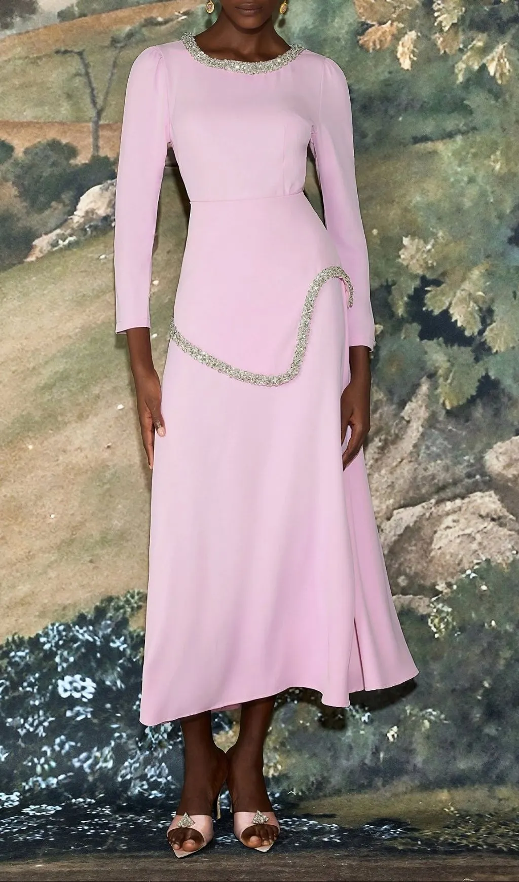 Damla Rhinestone Embellished Long Sleeve Midi Dress - Pink