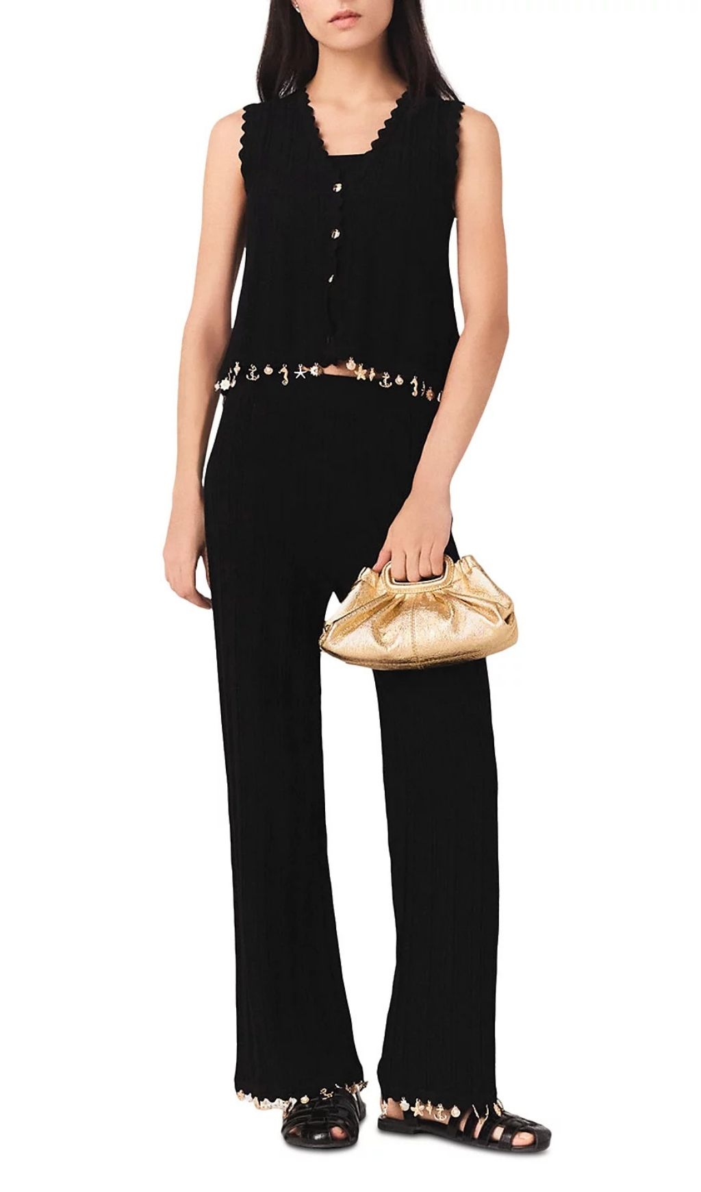 Fashionslee Women Gold Tone Embellished Knit Cardigan