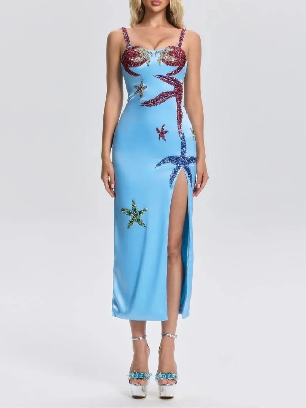 Grimricn Starfish Rhinestone Split Midi Dress