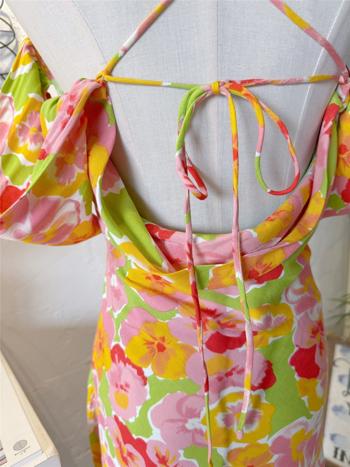 Floral Swing Neck Open Back Lace-Up Cotton Dress