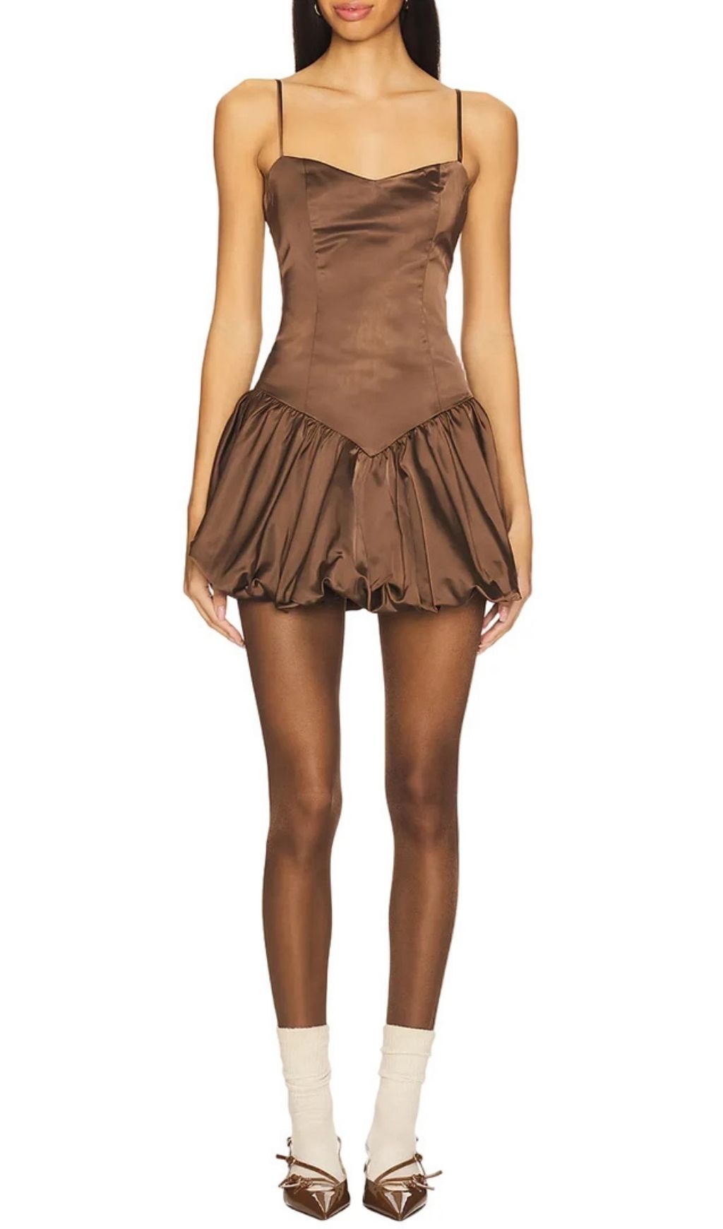 Ottoia Satin Puffy Mini Dress - Brown