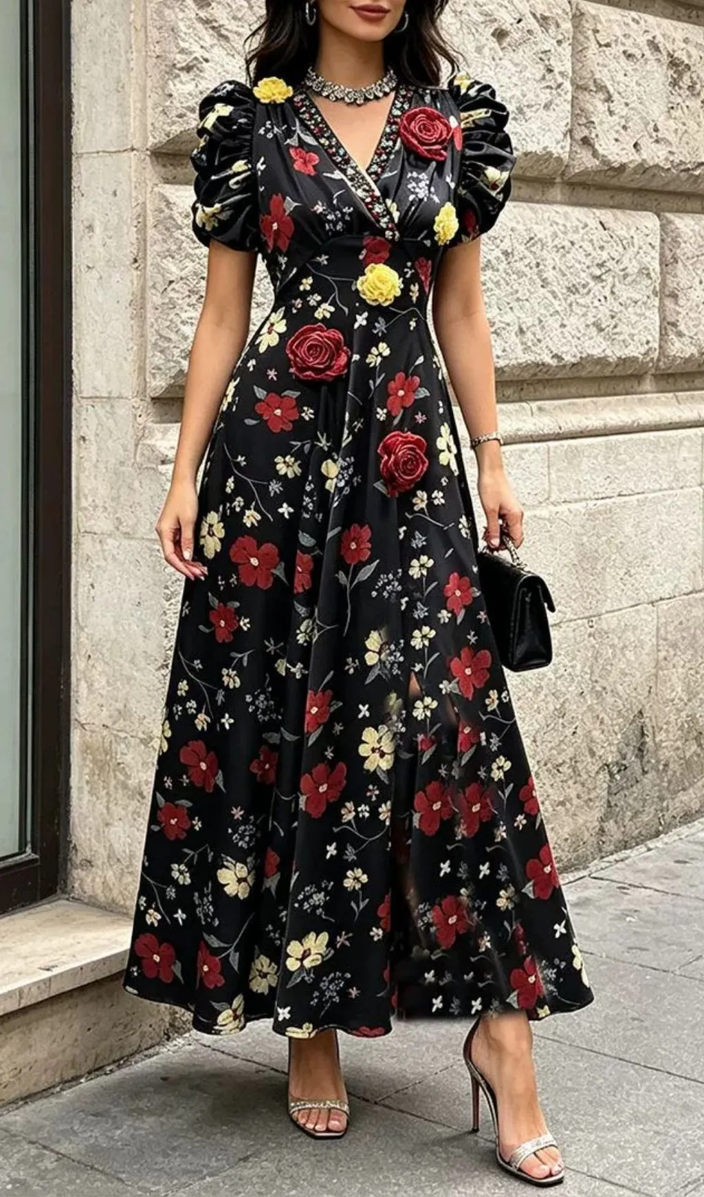Fashionslee Women Magan Black Floral Puff-Sleeve Maxi Dress