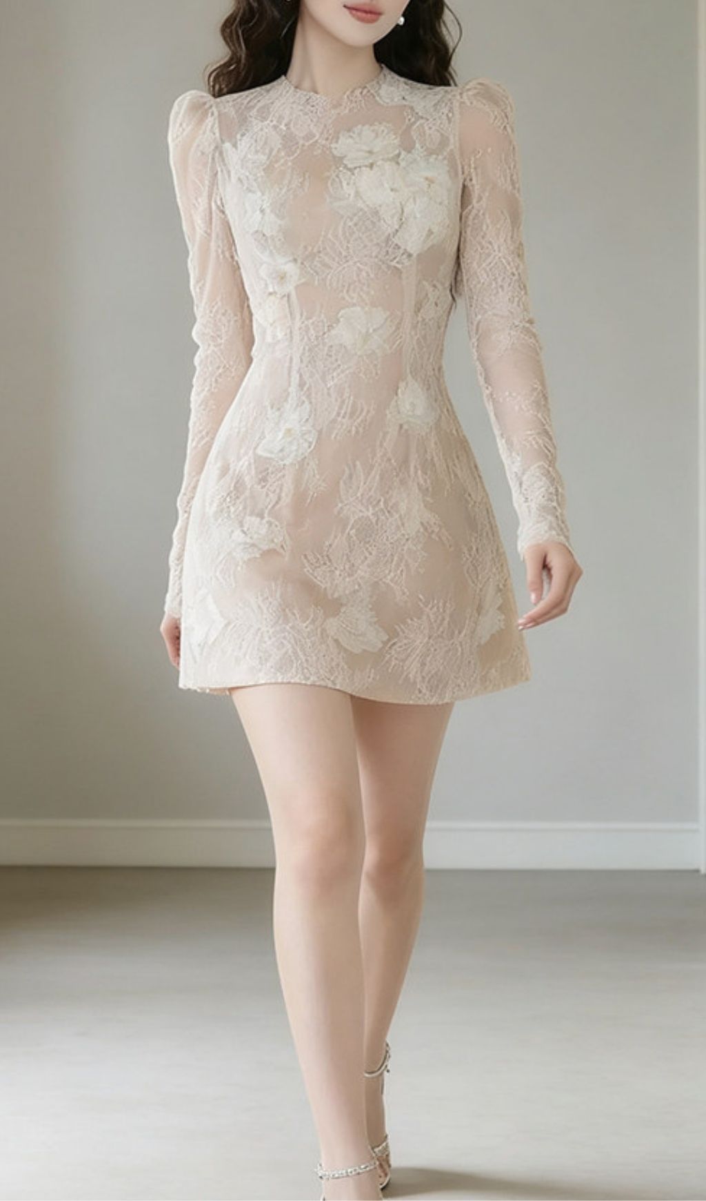 Amy Sheer Lace Long-Sleeve Floral Applique Mini Dress In Beige