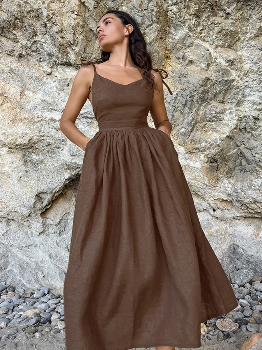 Cotton Linen Backless Strap Midi Dress