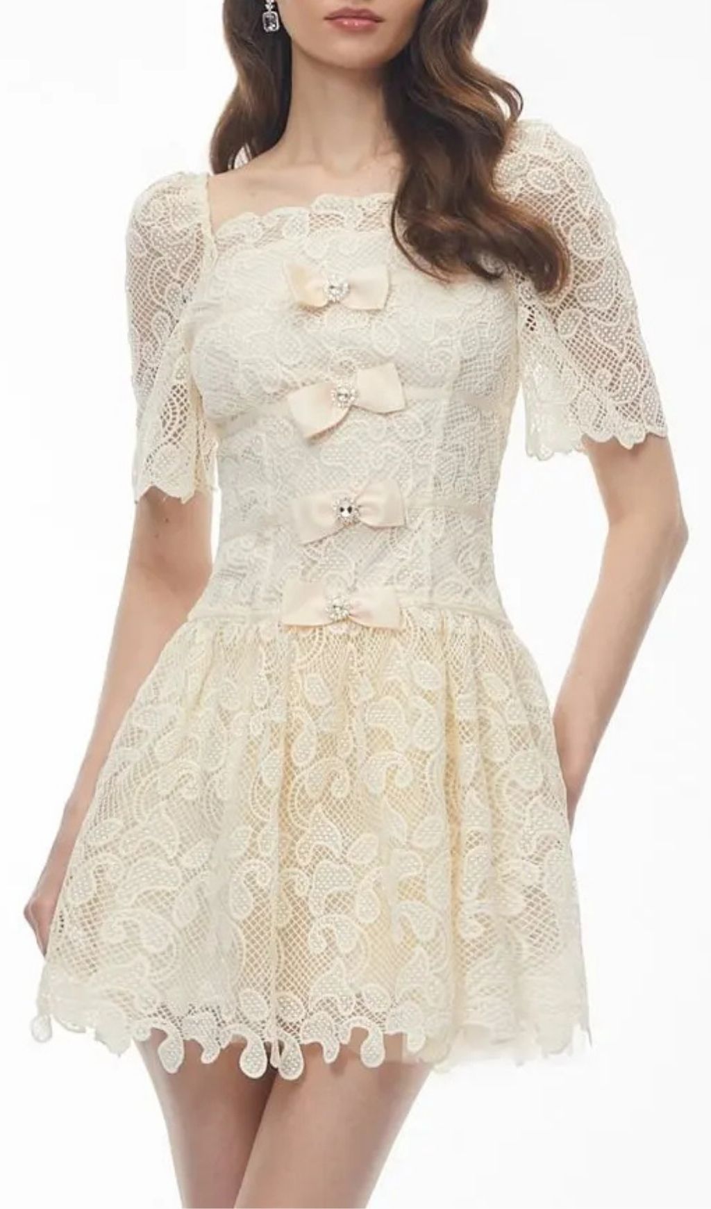 Vivien Square Neck Bow Lace Mini Dress - White