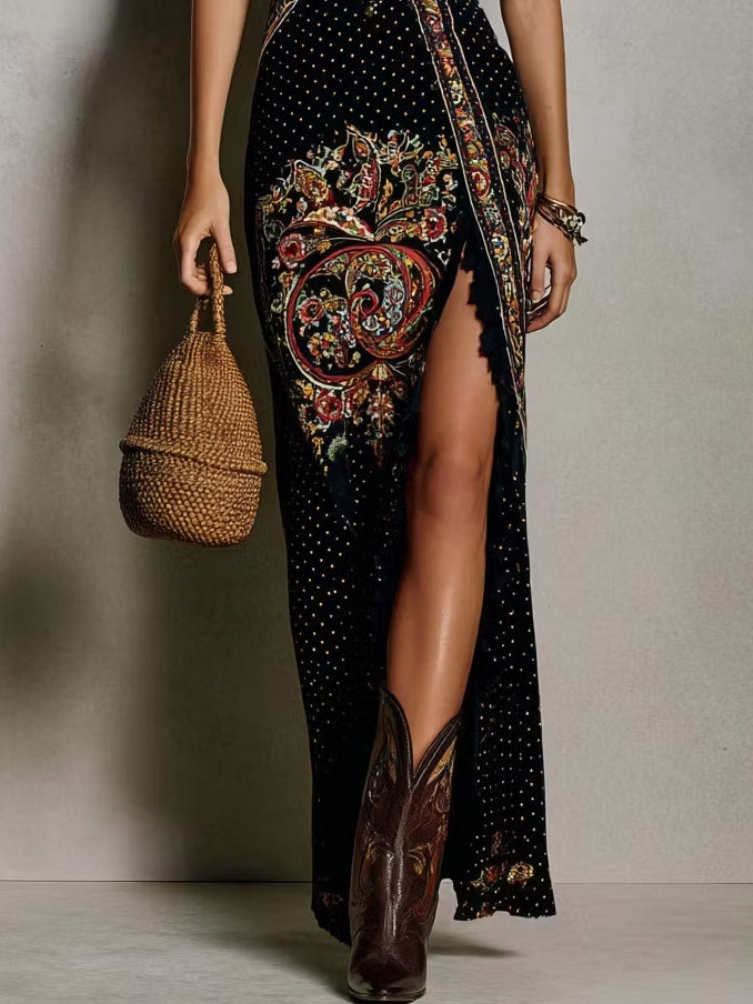 2cc93d24baf3c897d9877636027e6fb1 Bohemian-Style Printed Dress with Deep V-Neck and High Slit