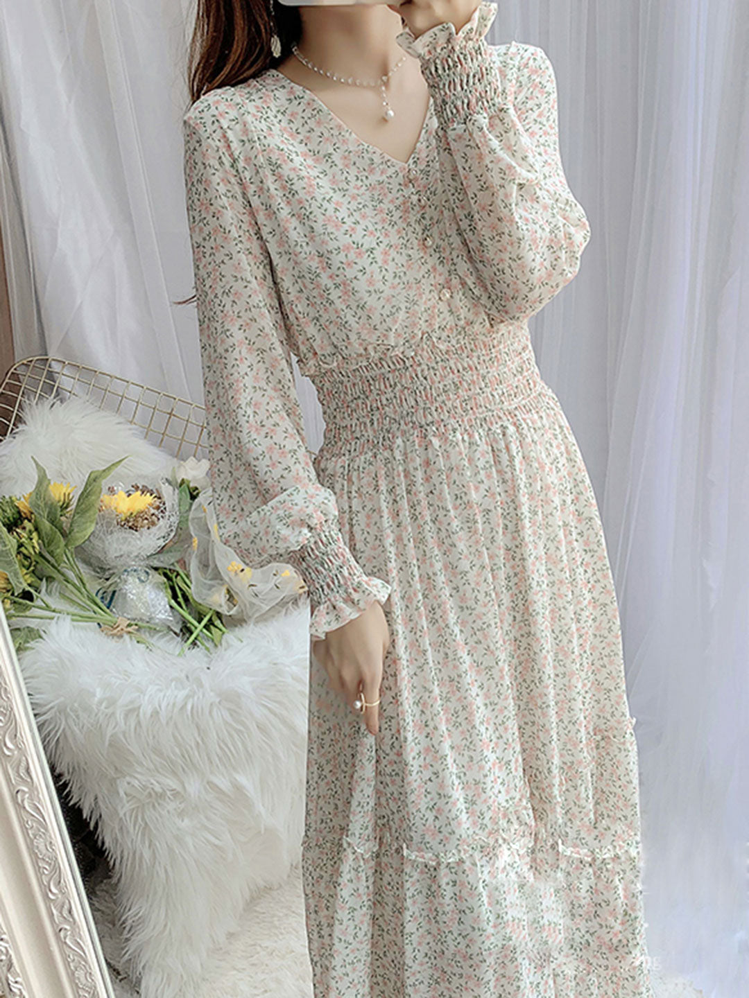 Janet Classic Floral Ruffle Chiffon Dress-Yellow - OWNCI