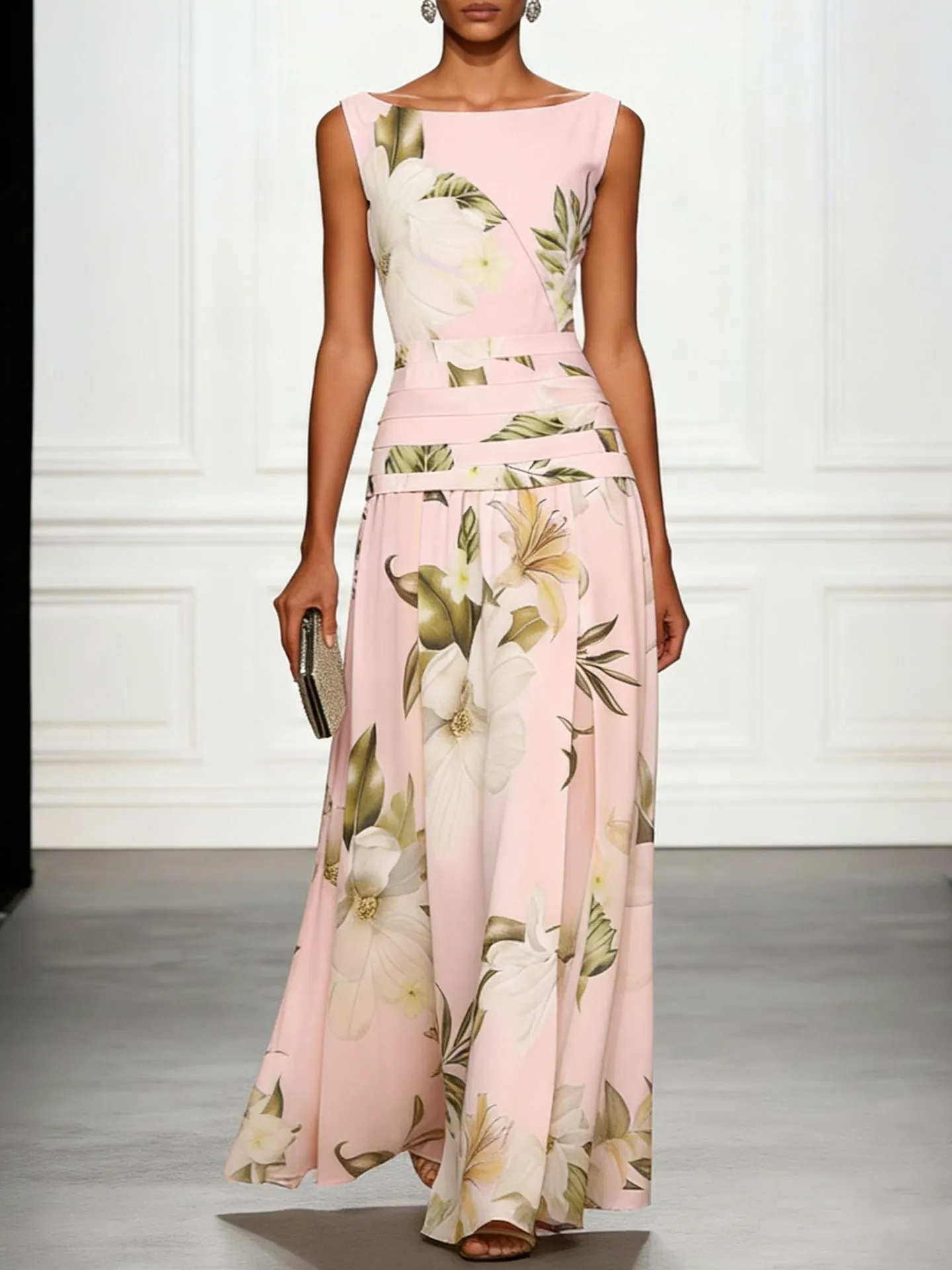 Floral Print Ruched Sleeveless A-Line Maxi Dress - OWNCI Floral Print Ruched Sleeveless A-Line Maxi Dress - OWNCI