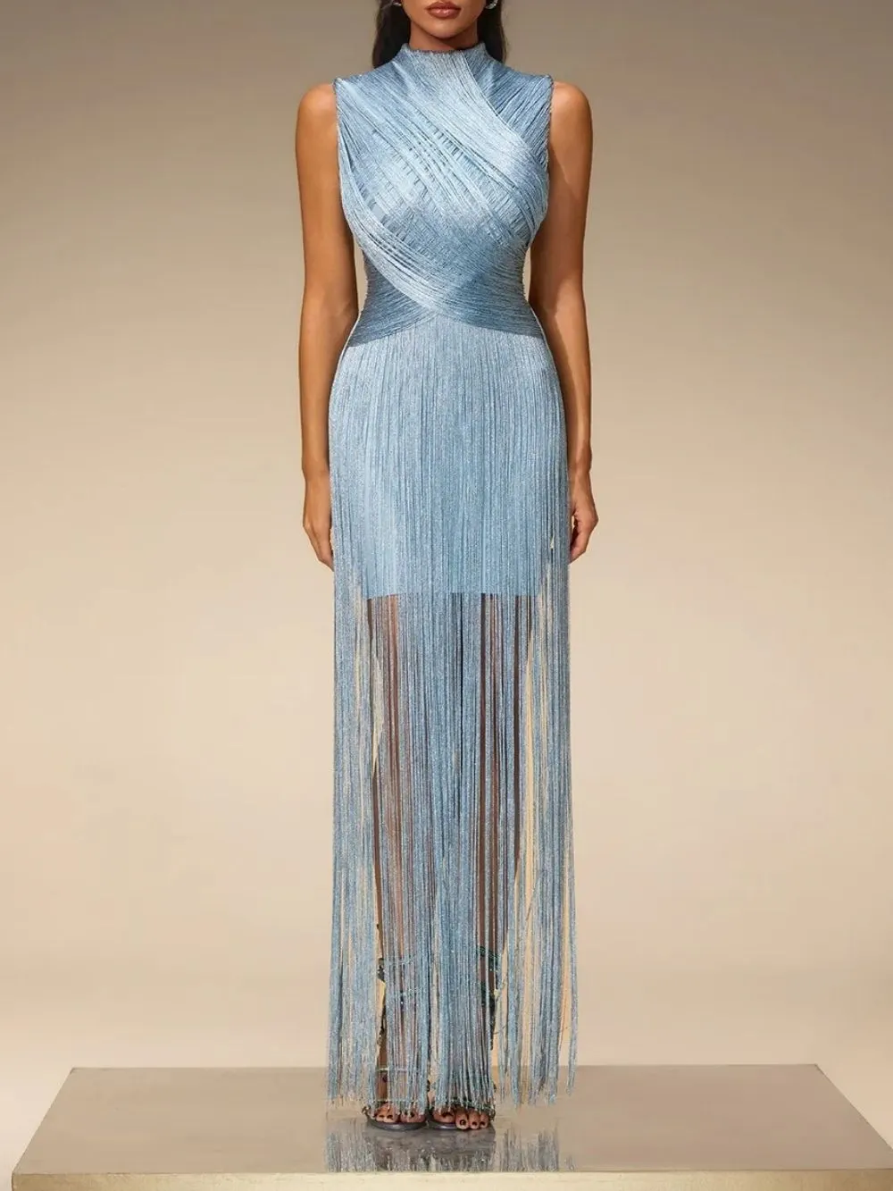 Zavelyn Blue Sleeveless Fringe Bandage Dress