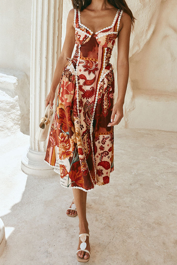 Pandora Spaghetti Strap Lace Linen Patchwork Midi Dress