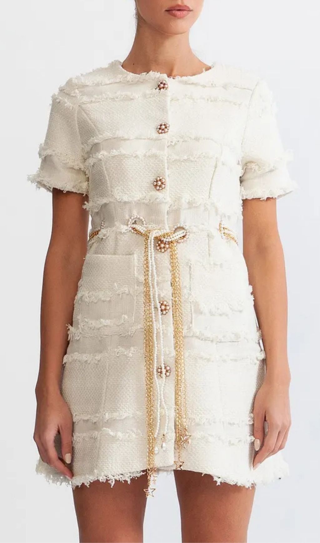 2db96ffd2bb9b50e4819b570f42a96ab Marguerite Pearl Chain Tweed Mini Dress - Beige