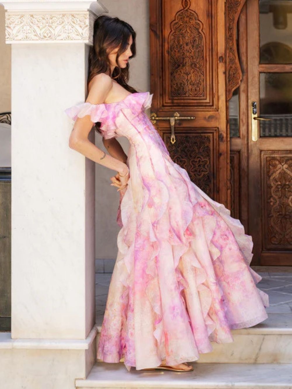 Helen Floral Frill Off-Shoulder Maxi Dress In Pink